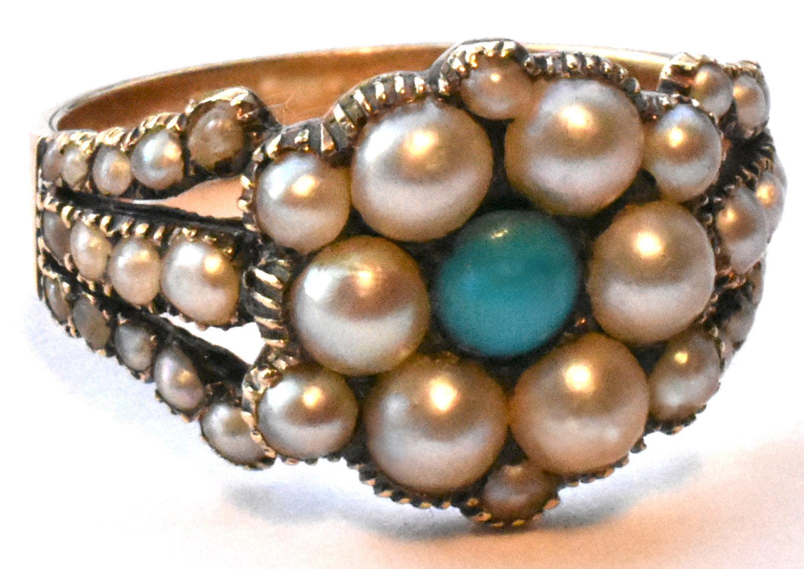 Georgian Antique Gold Natural Pearl and Turquoise Ring