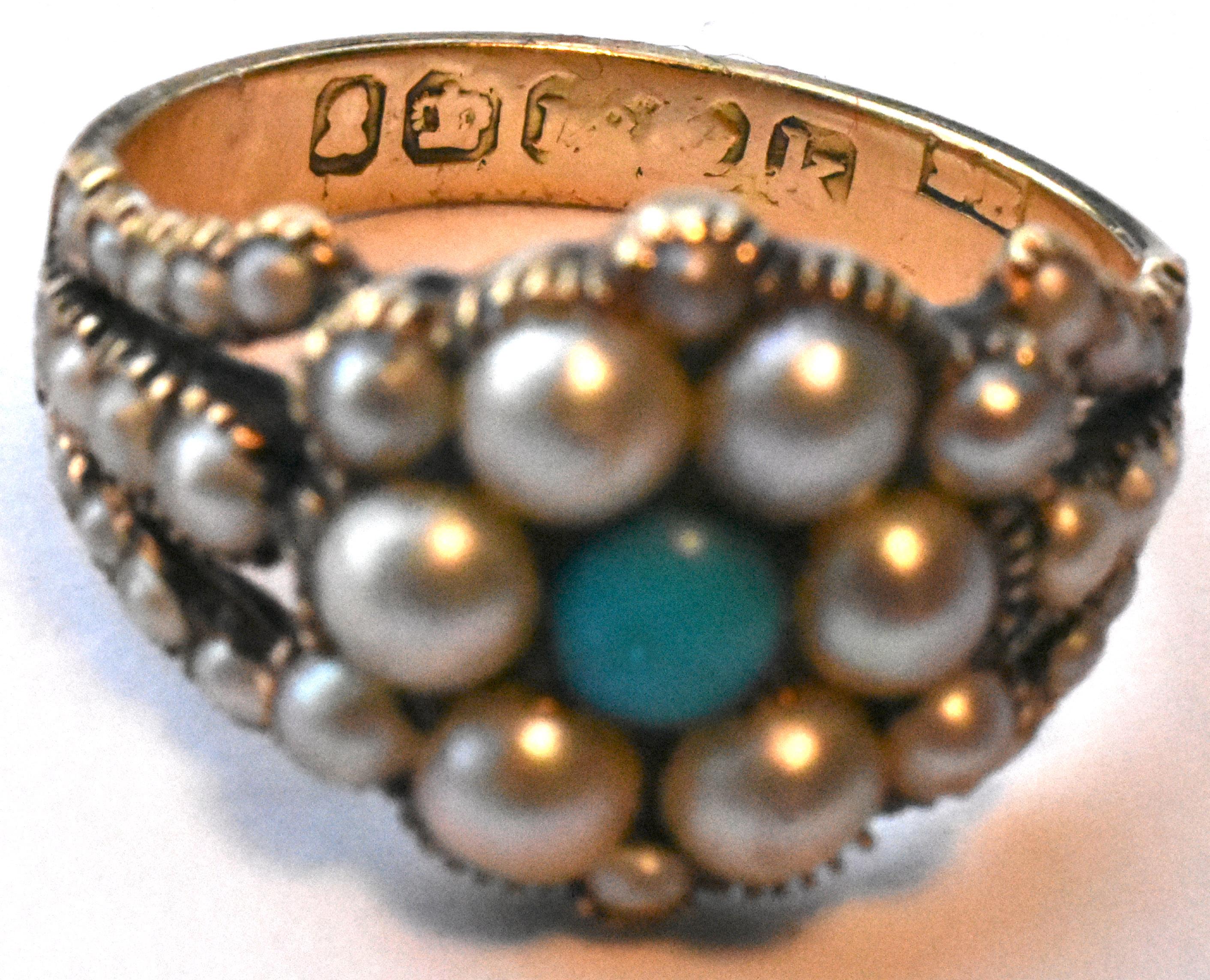 Antique Gold Natural Pearl and Turquoise Ring In Excellent Condition In Baltimore, MD