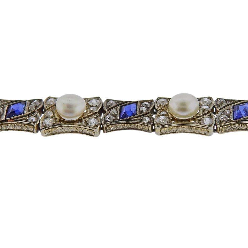 Antique Gold Natural Pearl Diamond Bracelet In Good Condition For Sale In New York, NY