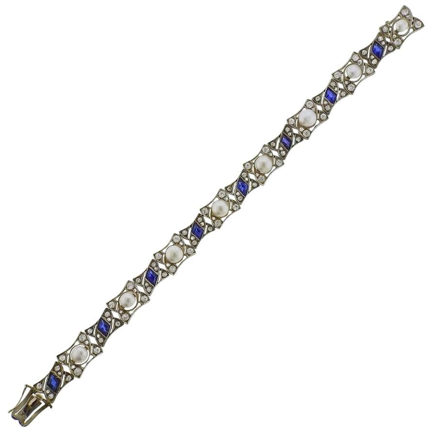 Antique Gold Natural Pearl Diamond Bracelet For Sale