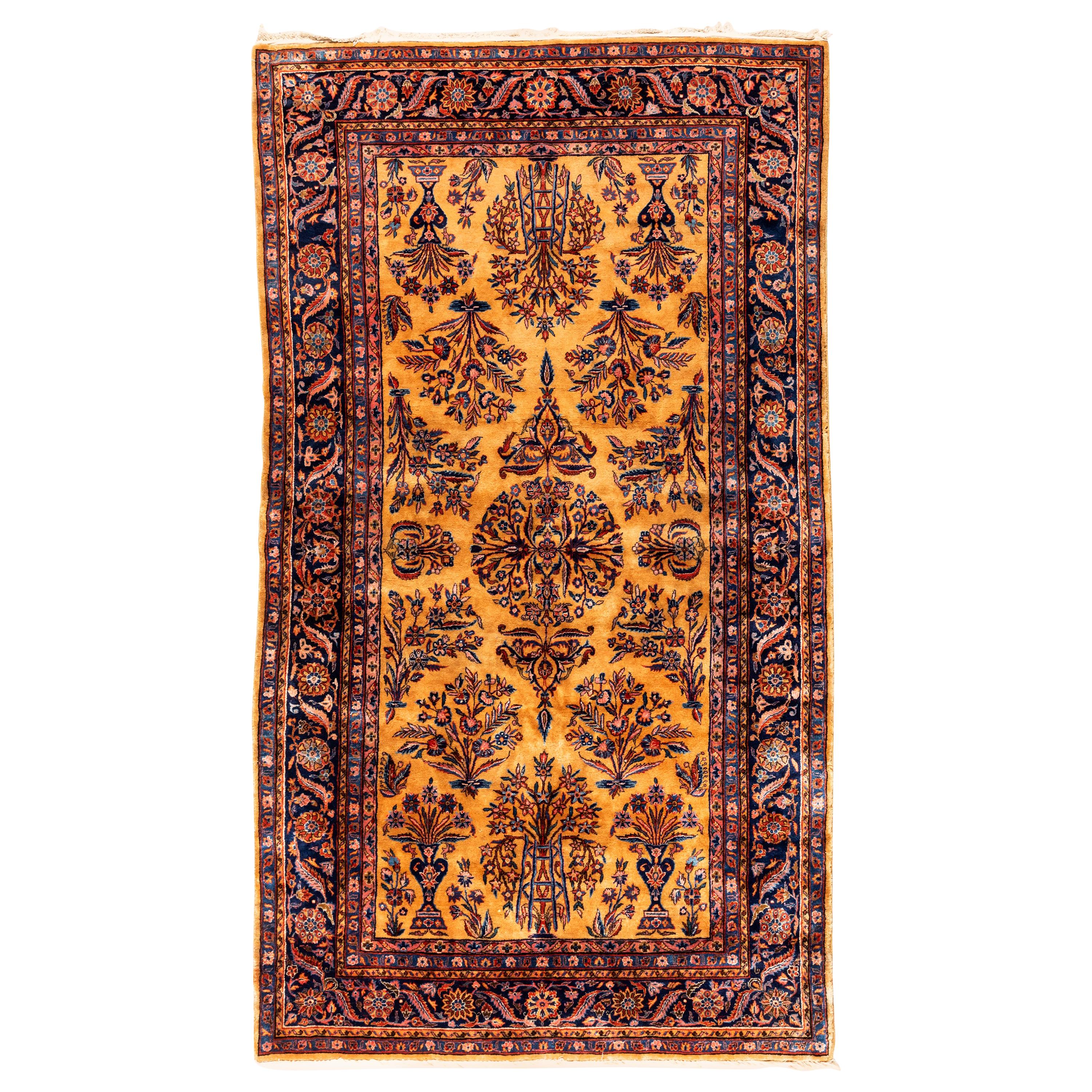 Antiker persischer Kashan-Teppich aus Manchester-Wolle in Gold und Marineblau, um 1880-1900