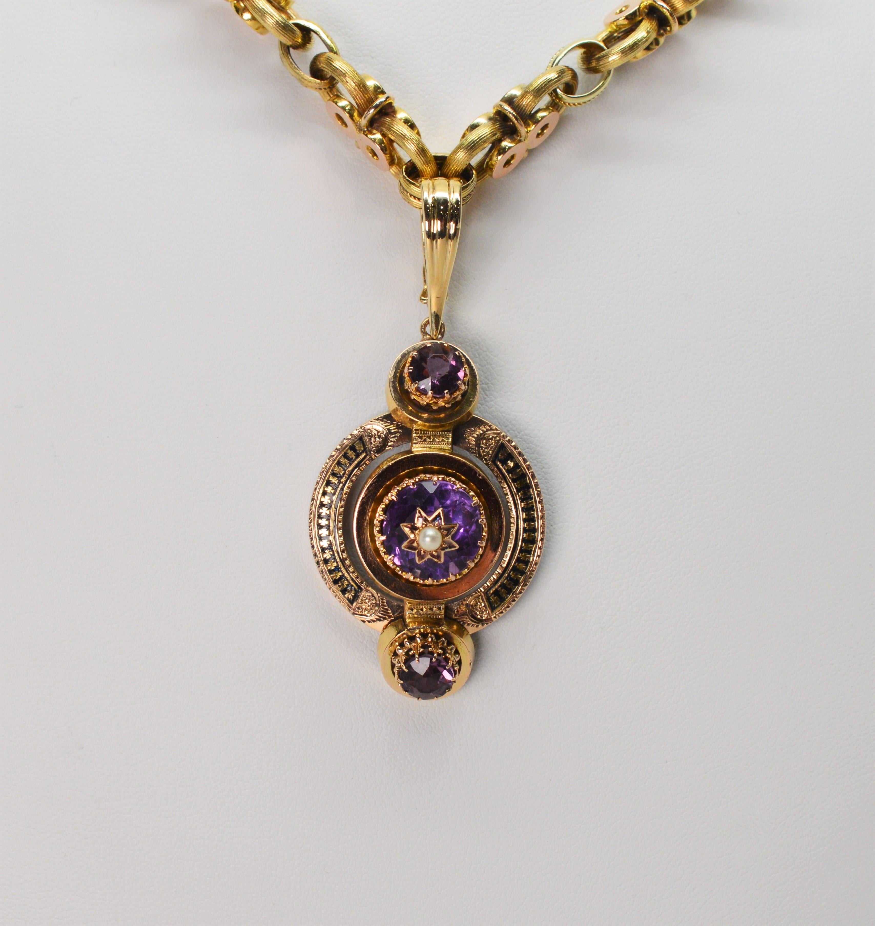 Round Cut Antique Gold Necklace with Amethyst Pendant Enhancer For Sale