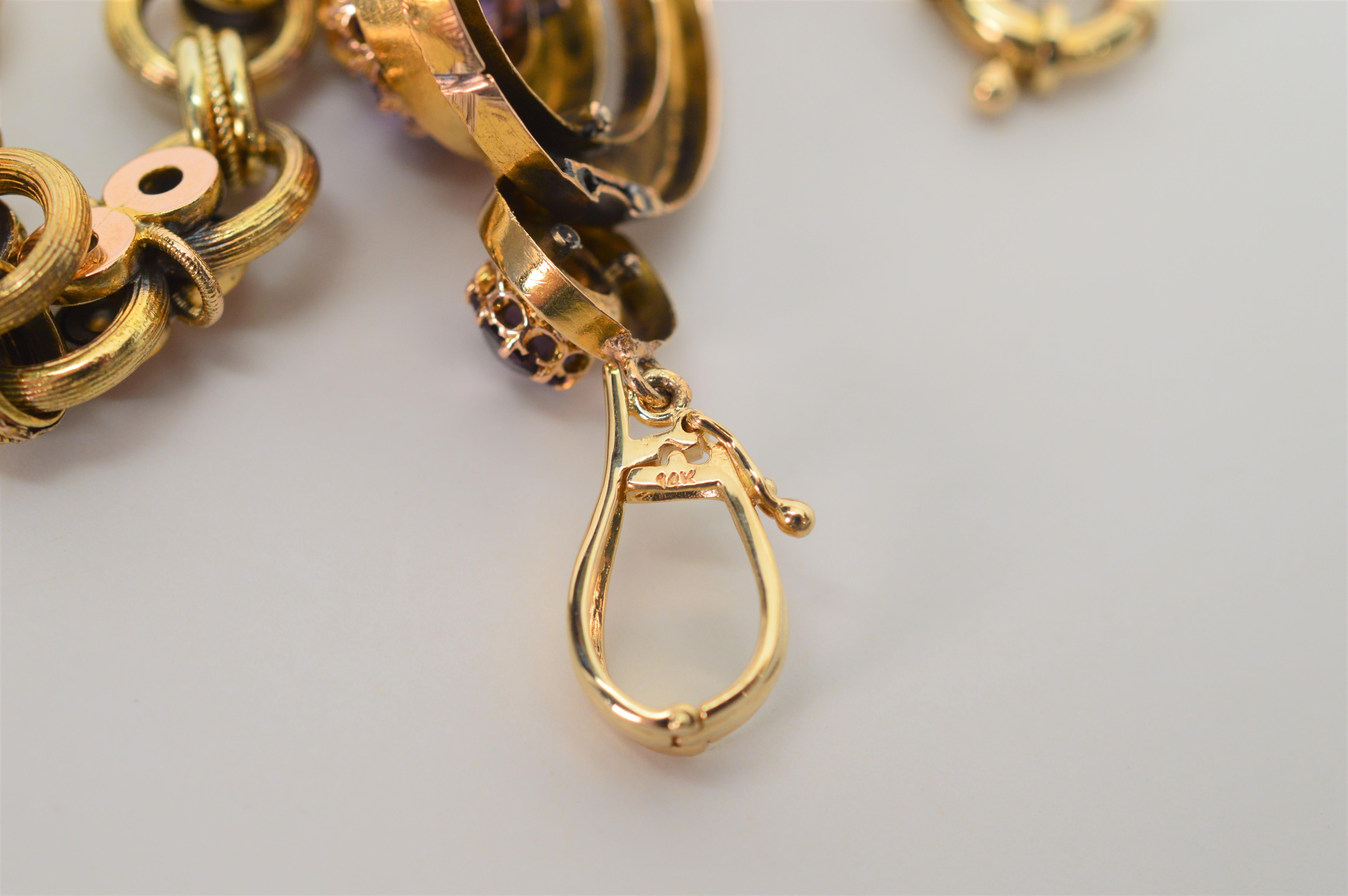 Women's Antique Gold Necklace with Amethyst Pendant Enhancer For Sale