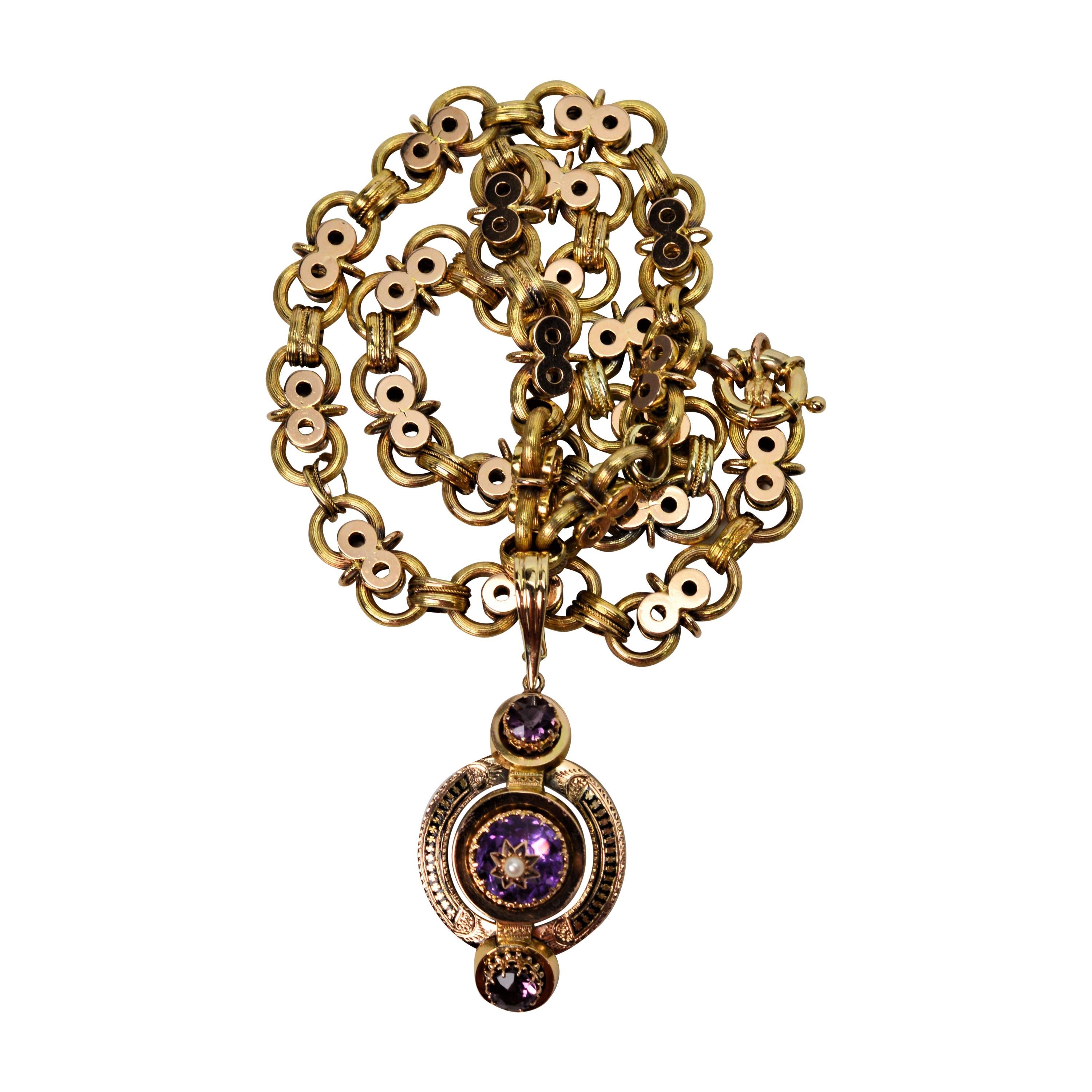 Antique Gold Necklace with Amethyst Pendant Enhancer For Sale