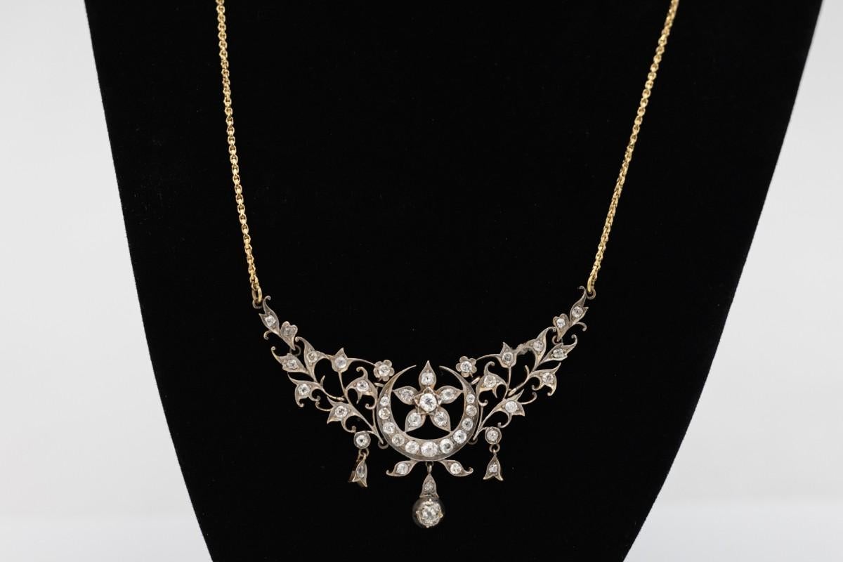 Antique gold necklace with old cut diamonds in Art Nouveau style In Good Condition For Sale In Chorzów, PL