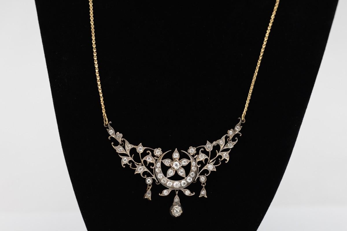 Antike Goldhalskette aus Gold mit Diamanten im Jugendstil im Altschliff (Alteuropäischer Schliff)