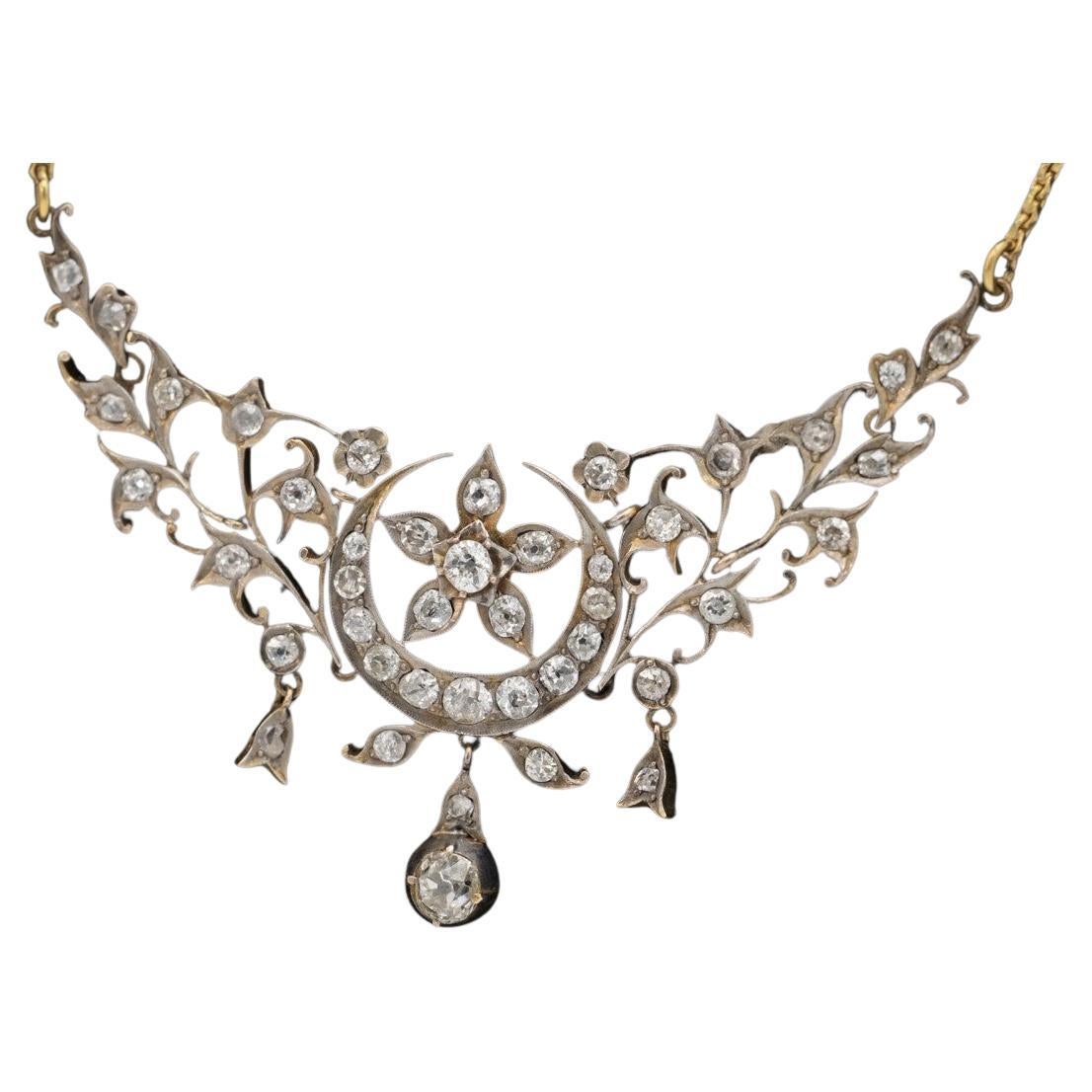 Antique gold necklace with old cut diamonds in Art Nouveau style For Sale