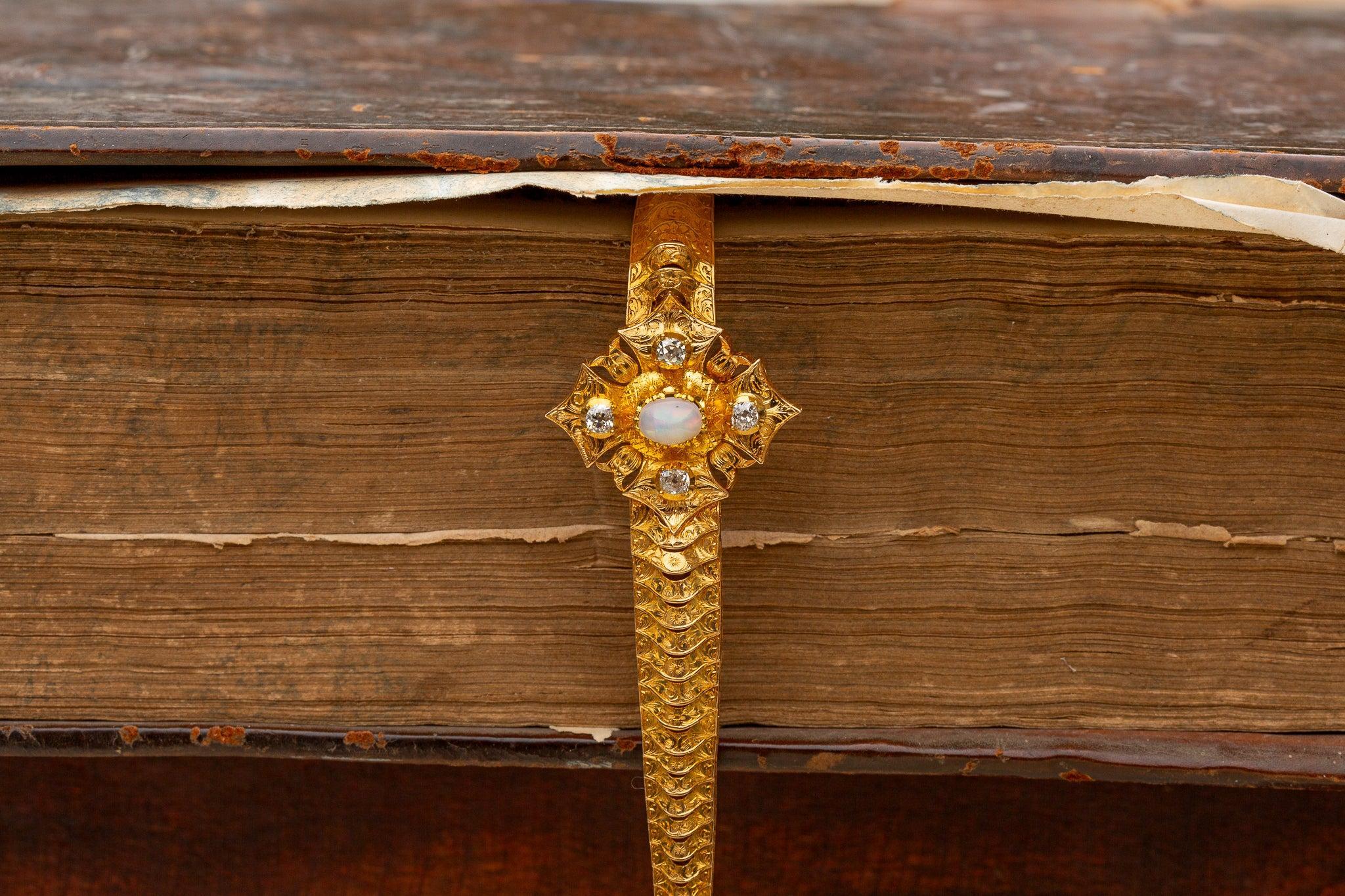 Cabochon Antique Gold Opal and Diamond Bracelet Victorian 19th Century Ladies 21K Heavy For Sale