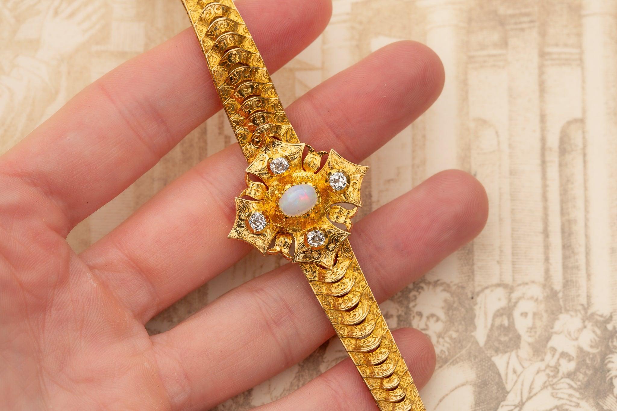 Women's Antique Gold Opal and Diamond Bracelet Victorian 19th Century Ladies 21K Heavy For Sale
