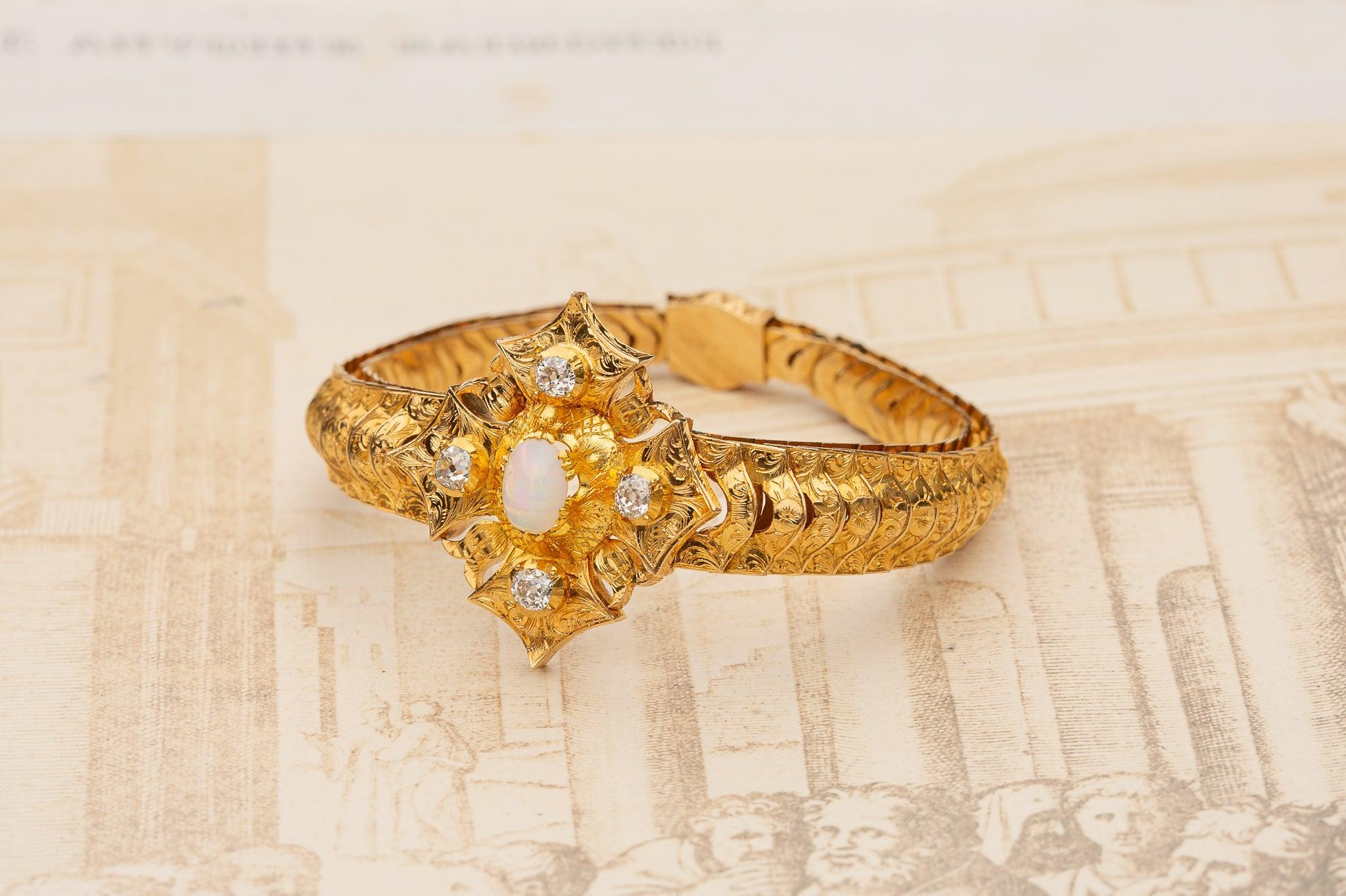 Antique Gold Opal and Diamond Bracelet Victorian 19th Century Ladies 21K Heavy For Sale 1