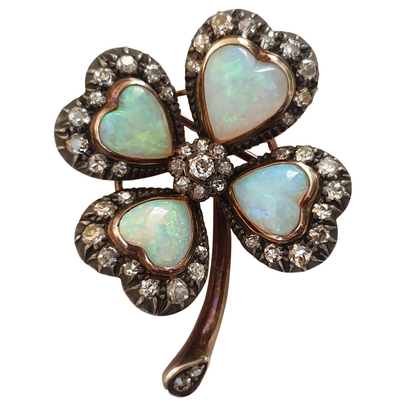Antique Gold Opal and Diamond Clover Brooch For Sale