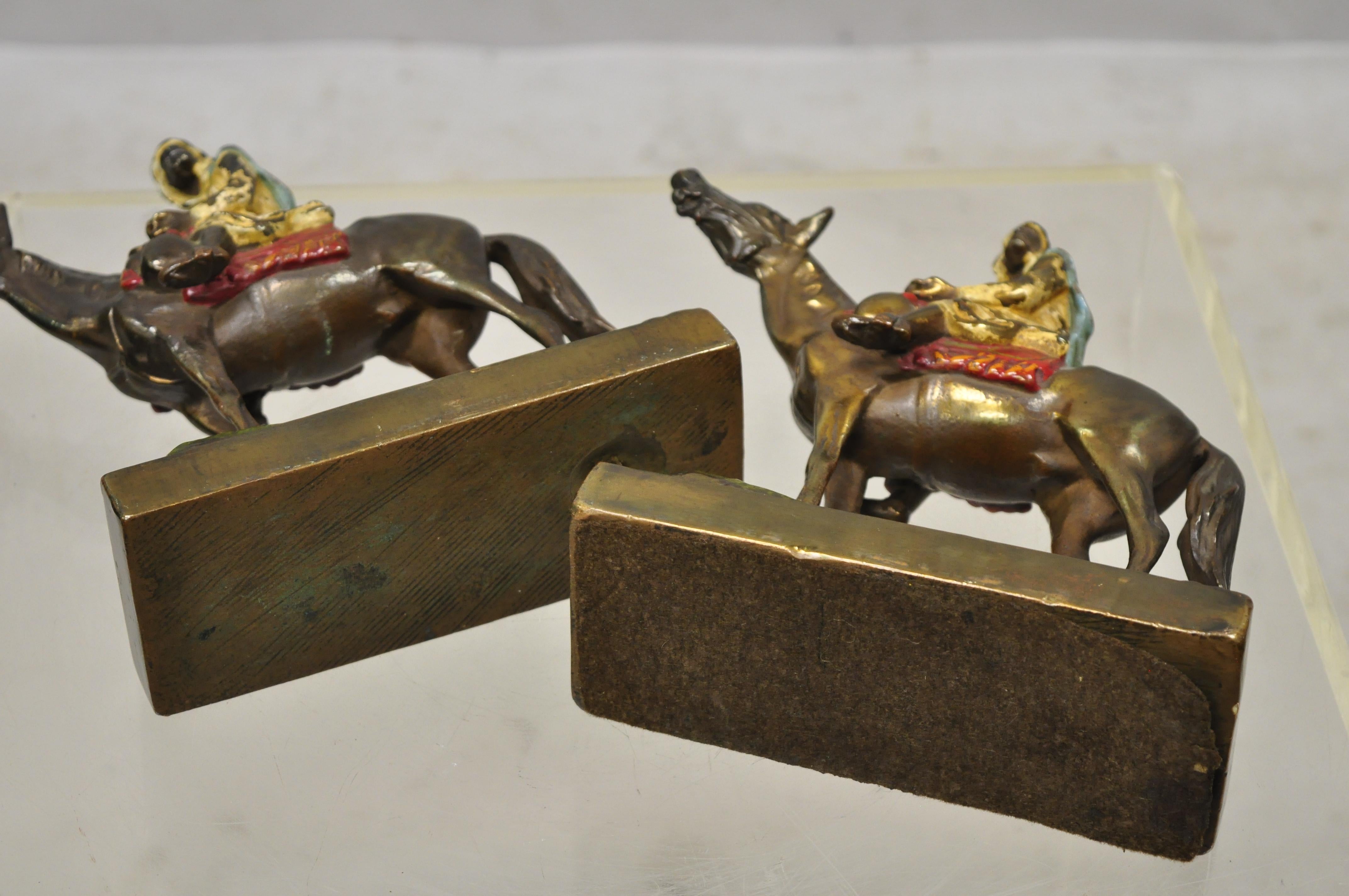 Antique Gold Painted Bronze Polychrome Moorish Arab Horse Rider Bookends - Pair 4