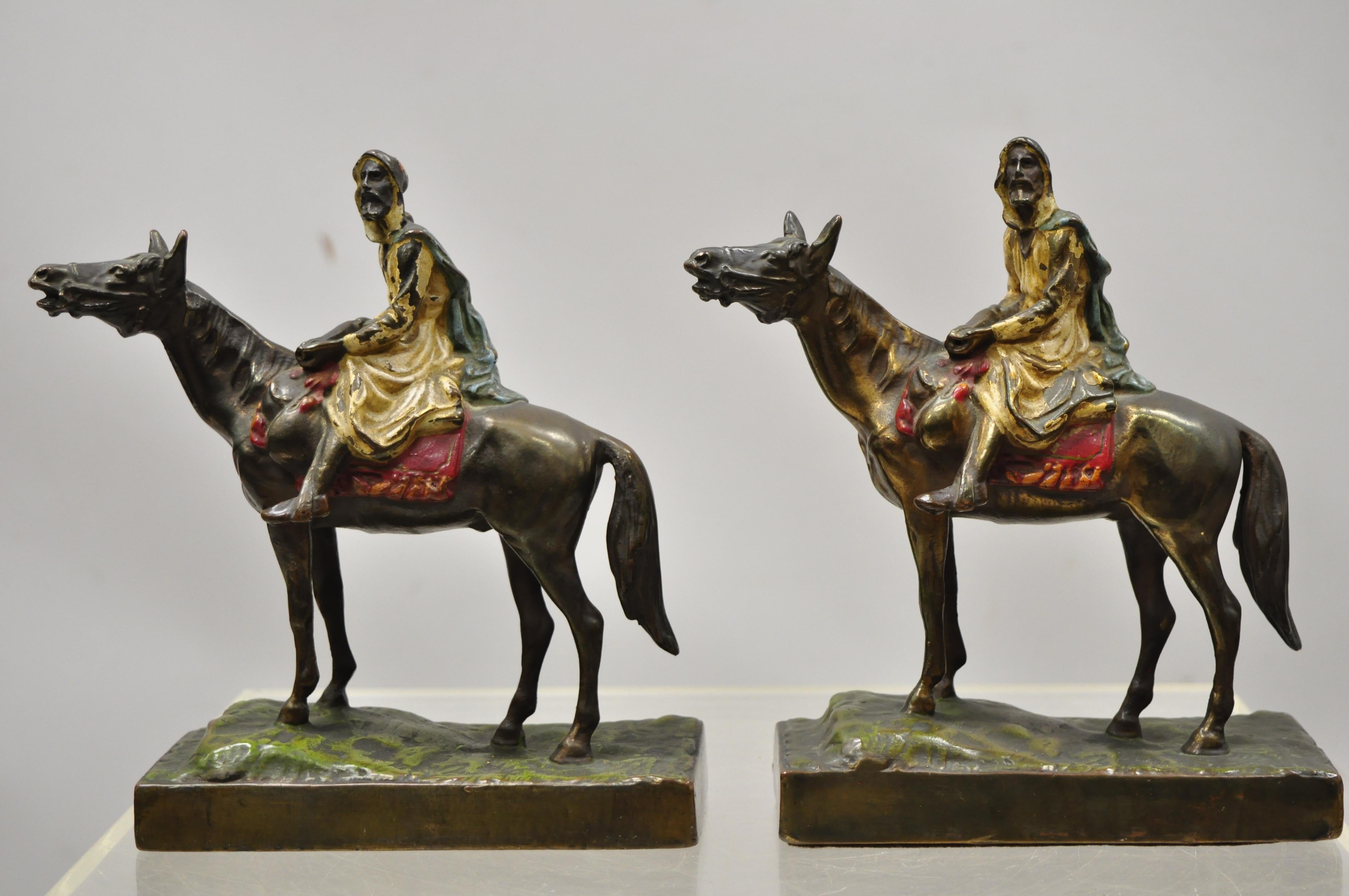 Antique Gold Painted Bronze Polychrome Moorish Arab Horse Rider Bookends - Pair 6