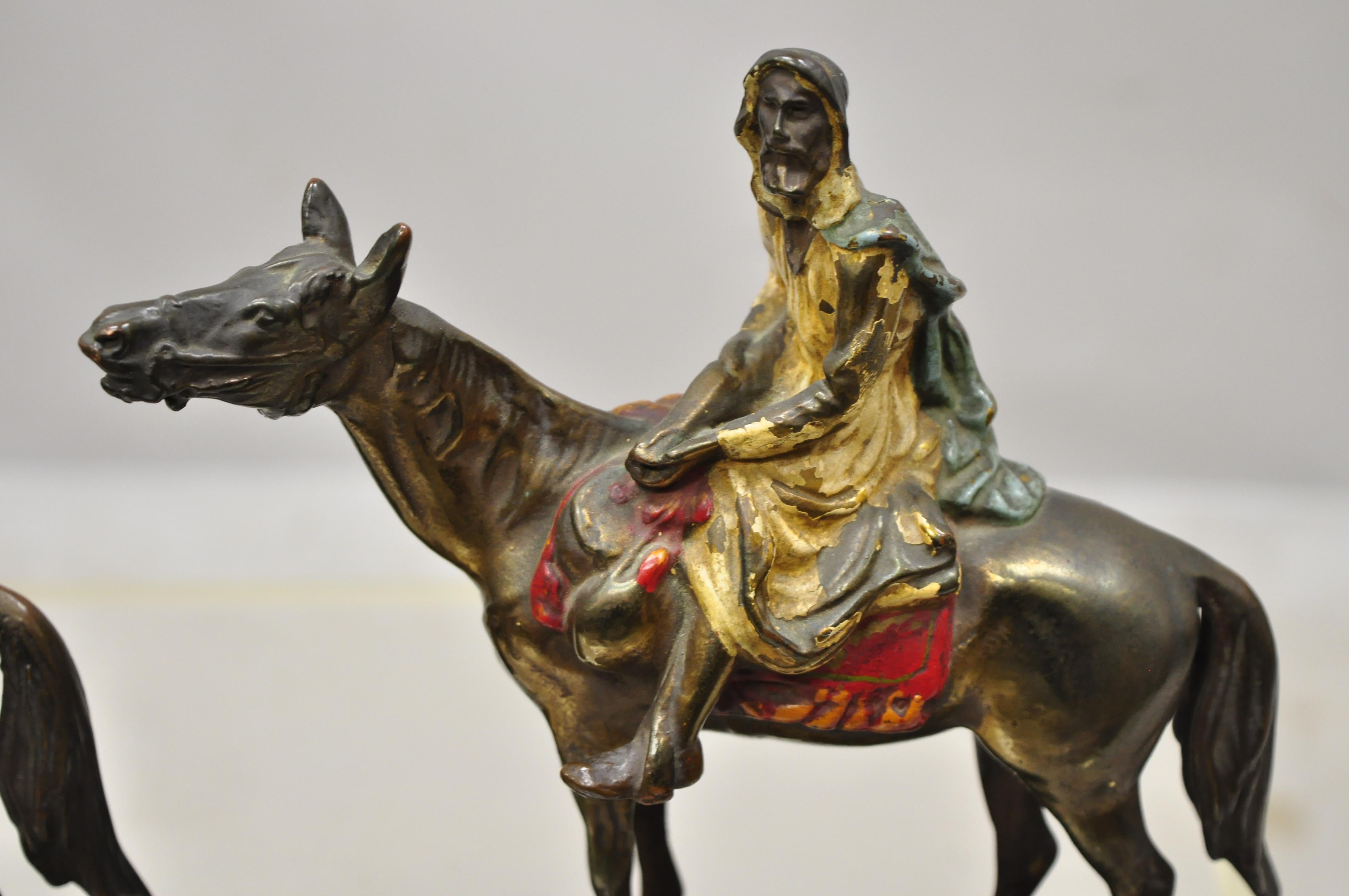 Austrian Antique Gold Painted Bronze Polychrome Moorish Arab Horse Rider Bookends - Pair