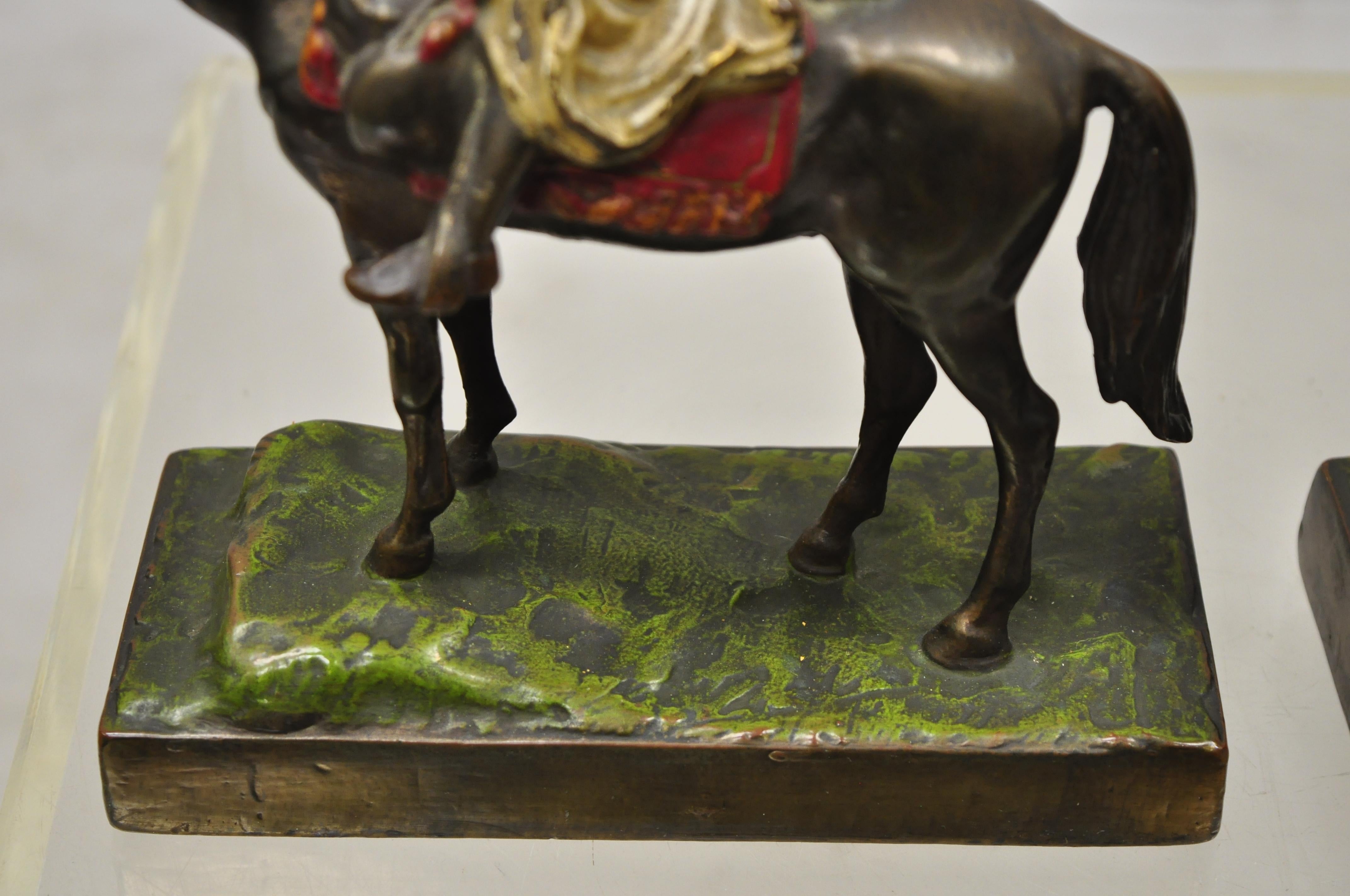 20th Century Antique Gold Painted Bronze Polychrome Moorish Arab Horse Rider Bookends - Pair