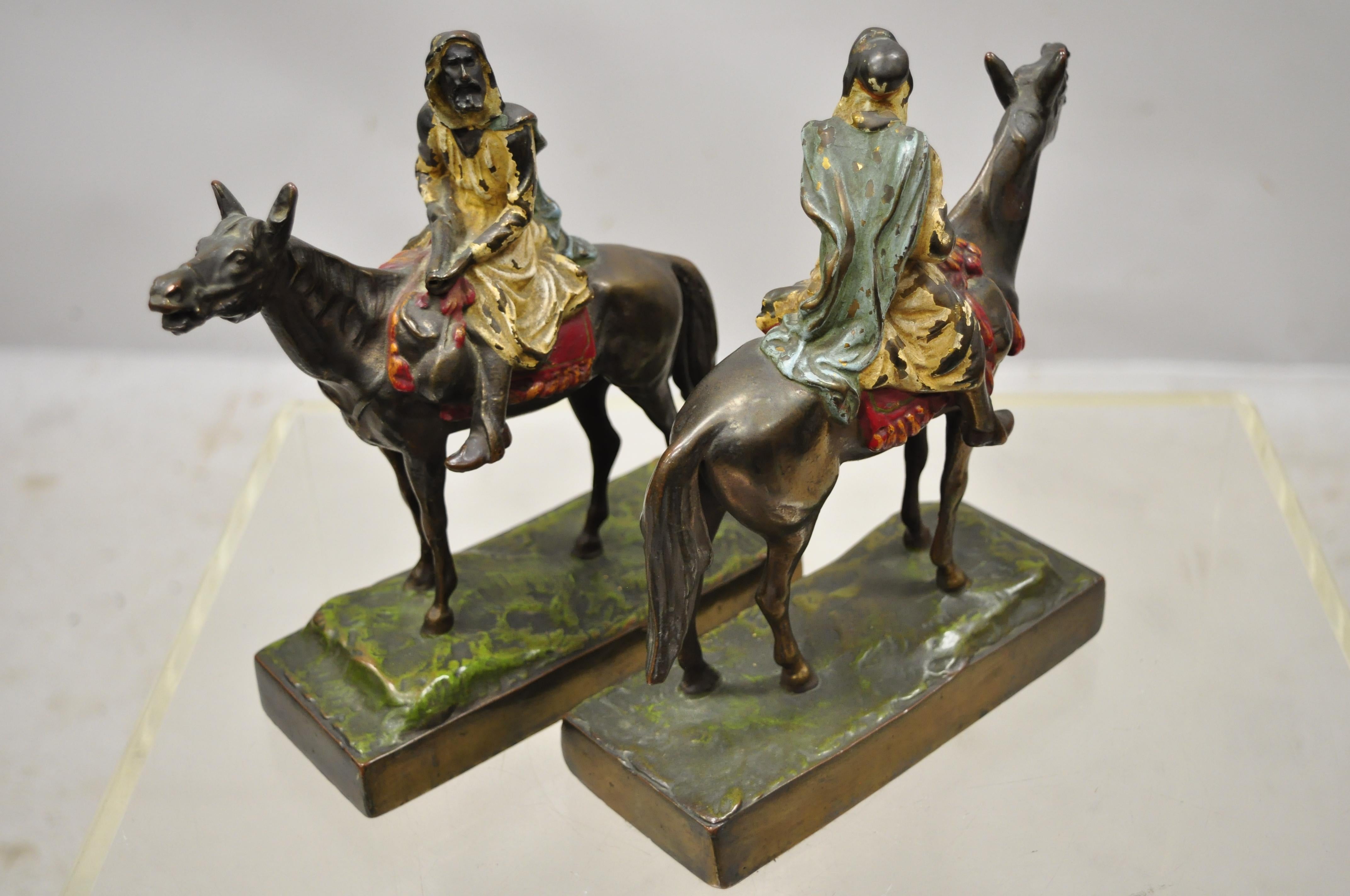 Metal Antique Gold Painted Bronze Polychrome Moorish Arab Horse Rider Bookends - Pair