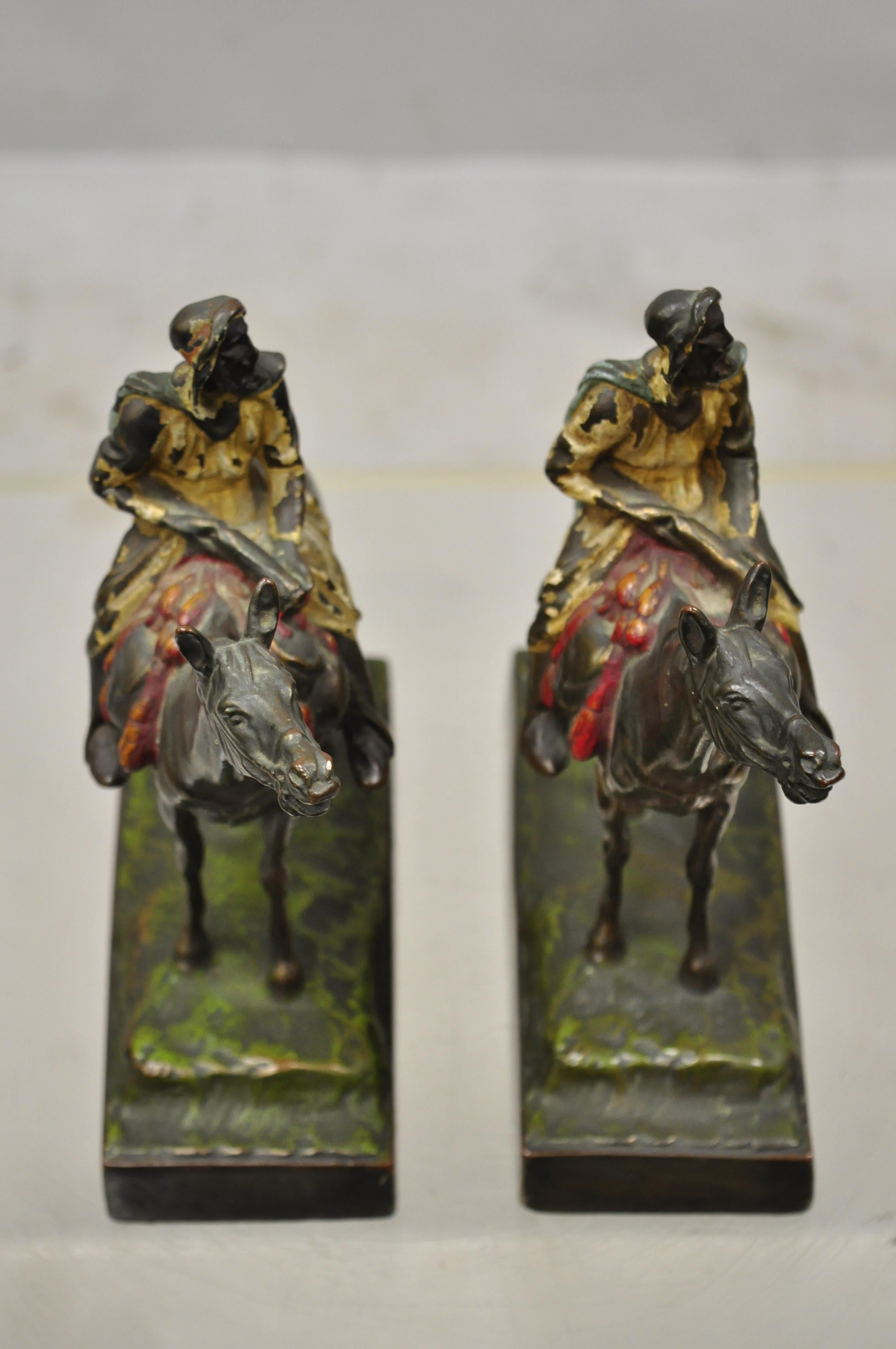 Antique Gold Painted Bronze Polychrome Moorish Arab Horse Rider Bookends - Pair 2