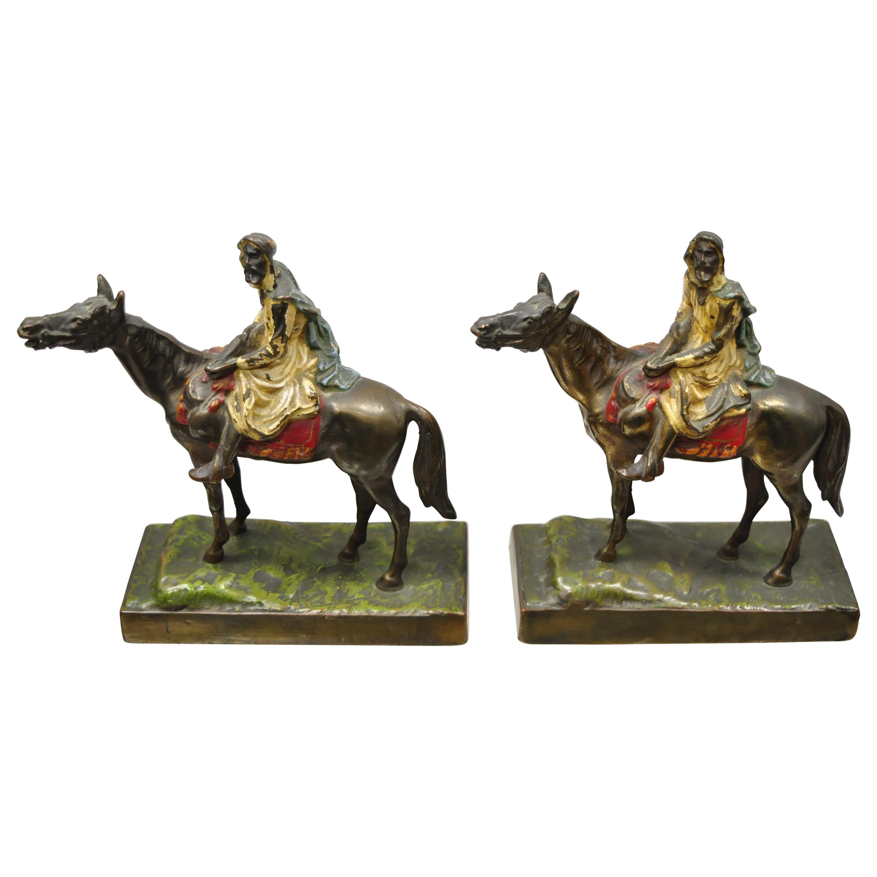 Antique Gold Painted Bronze Polychrome Moorish Arab Horse Rider Bookends - Pair