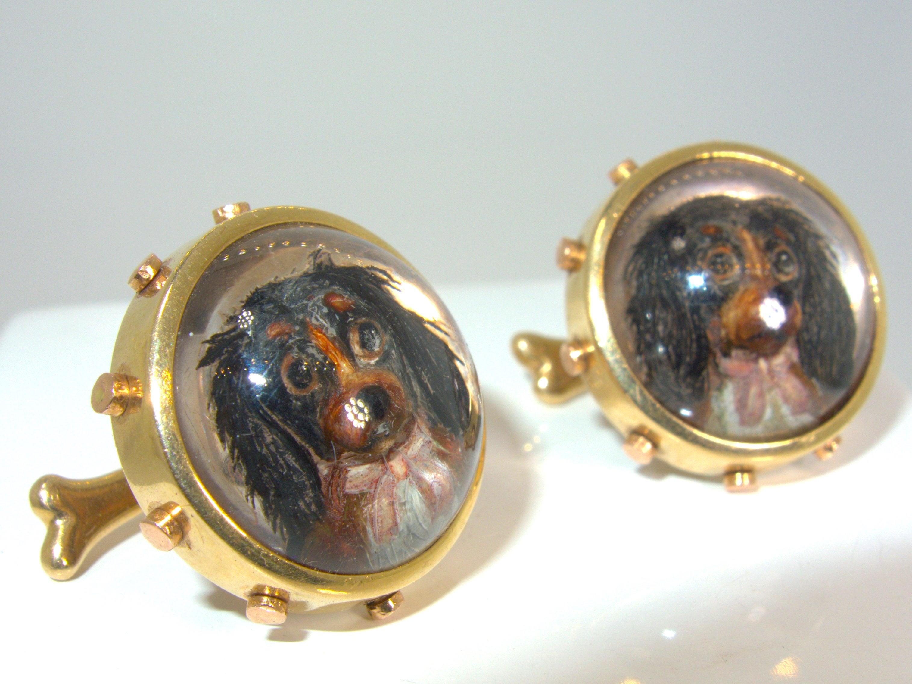 Antique Gold Painting on Crystal Cufflinks In Excellent Condition For Sale In Aspen, CO