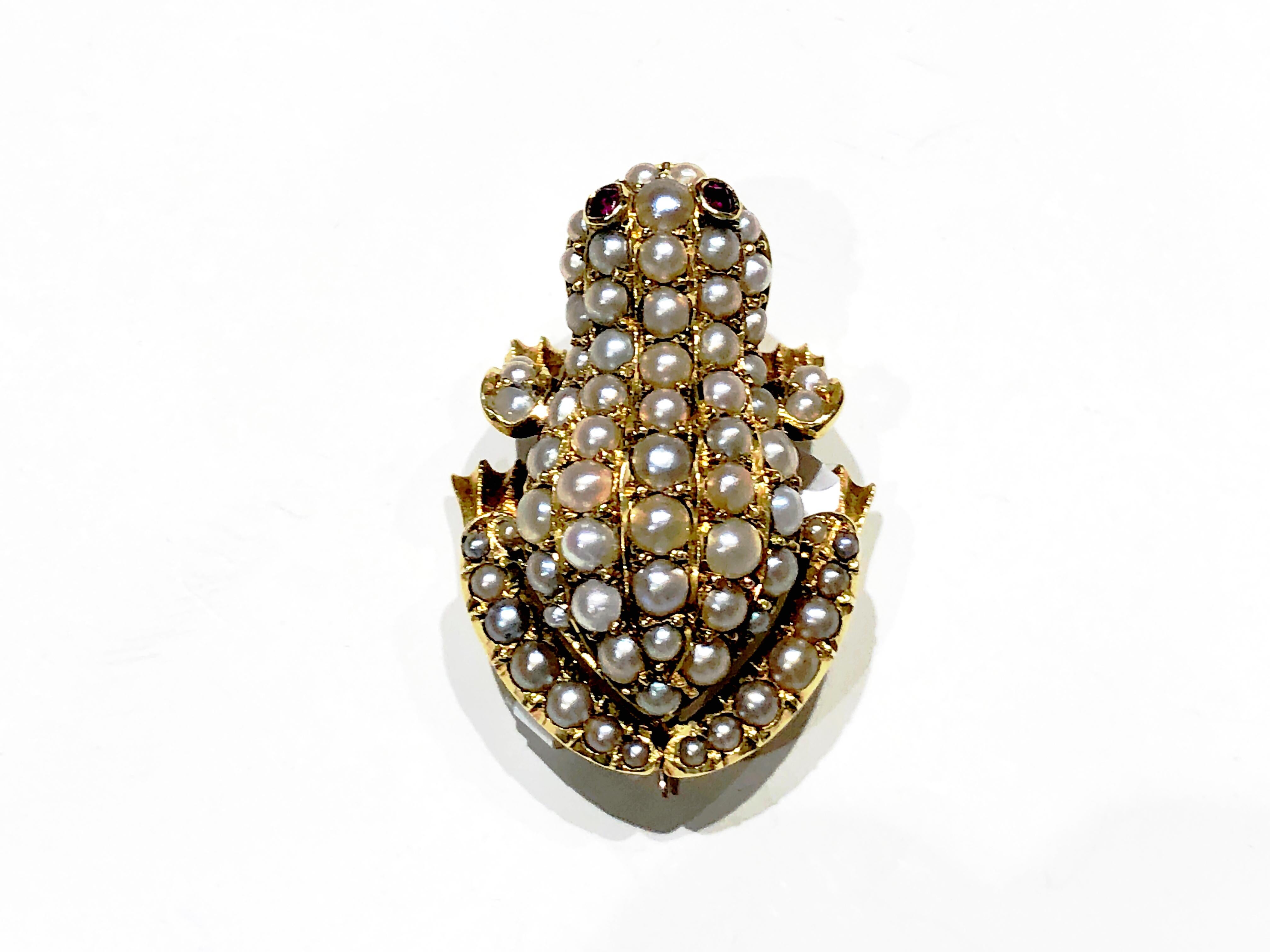 Round Cut Antique Gold, Pearl and Ruby Frog Brooch, Circa 1900 For Sale