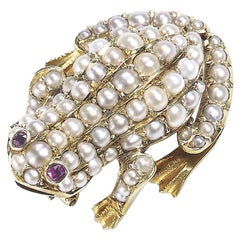 Antique Gold, Pearl and Ruby Frog Brooch, Circa 1900