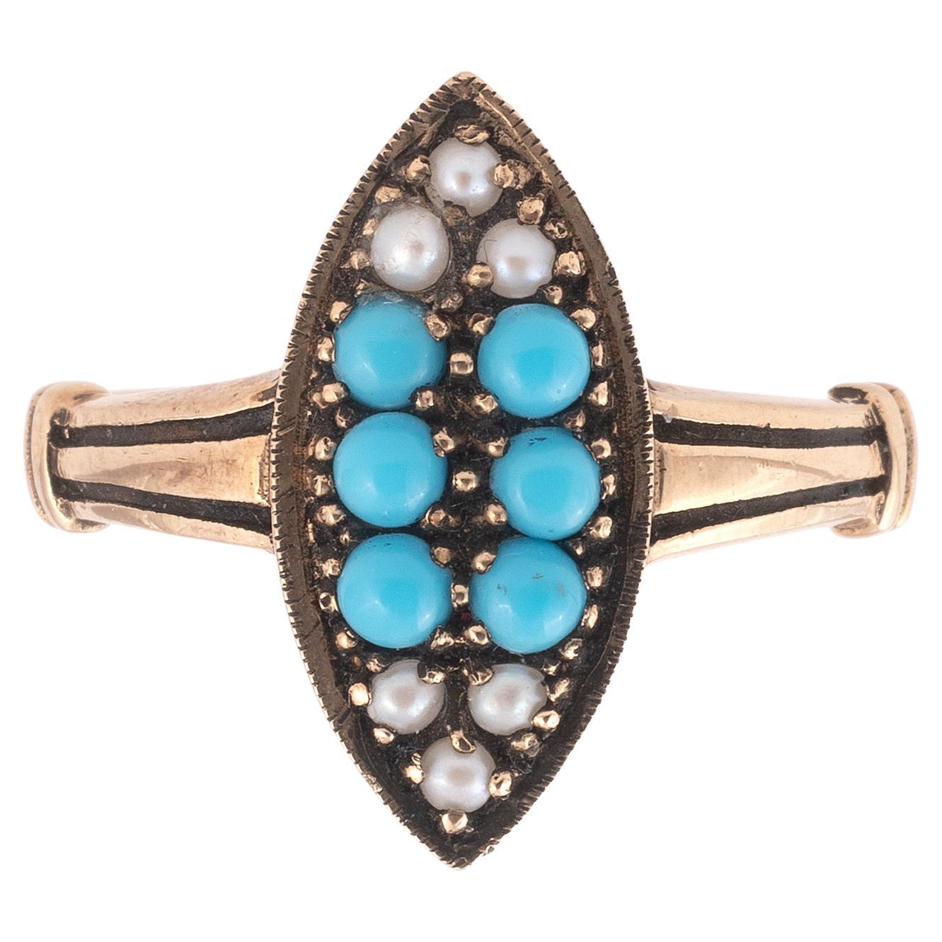 Cabochon Antique Gold Pearl and Turquoise Cluster Ring