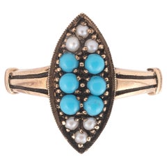 Antique Gold Pearl and Turquoise Cluster Ring