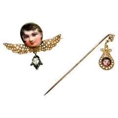 Antike Gold Perle Brosche Passende Pin Emaillierte Miniaturen Kinder Lyra