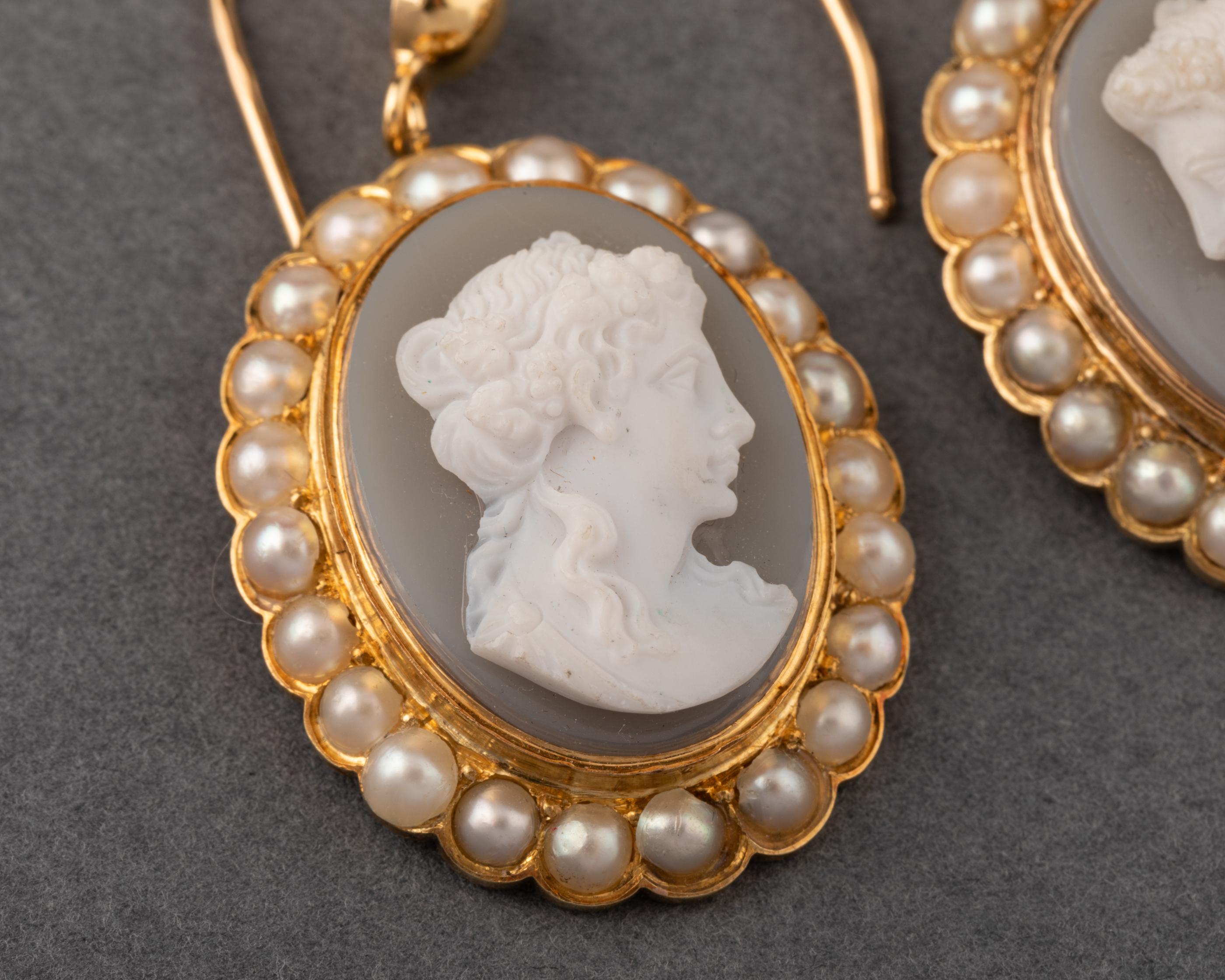 Napoleon III Antique Gold Pearls and Agate Cameo Earrings