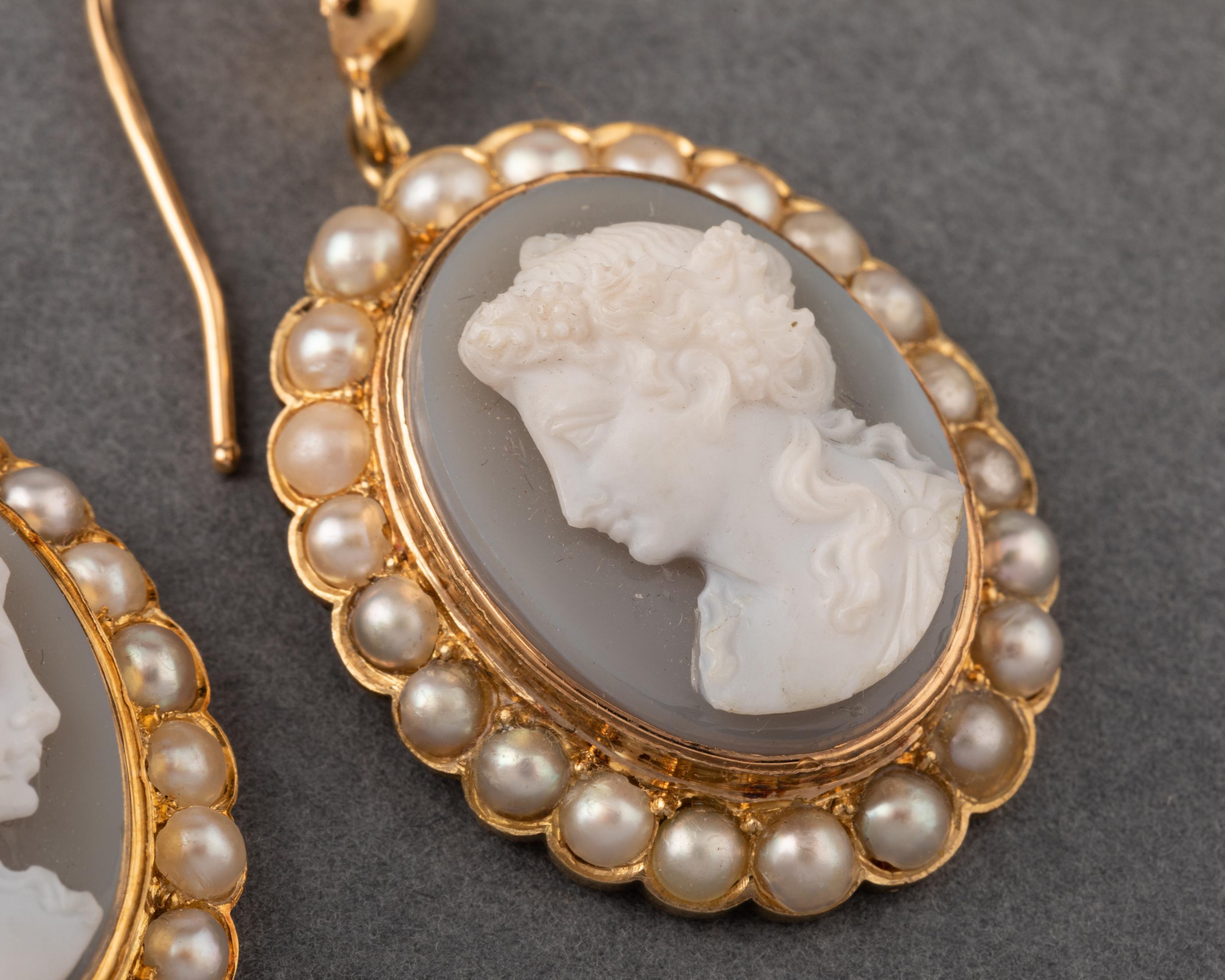 Oval Cut Antique Gold Pearls and Agate Cameo Earrings