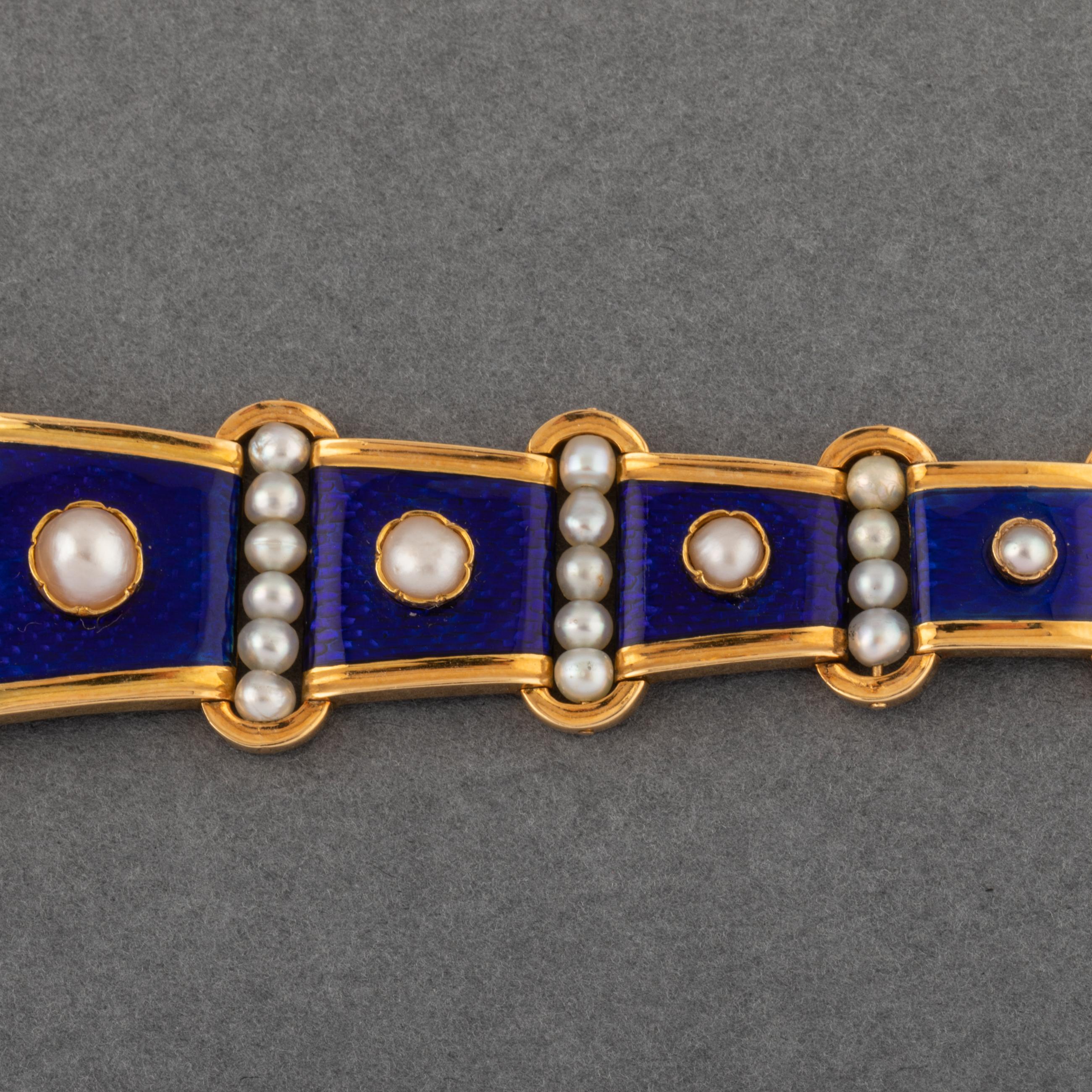 Antique Gold Pearls and Enamel Bracelet For Sale 1