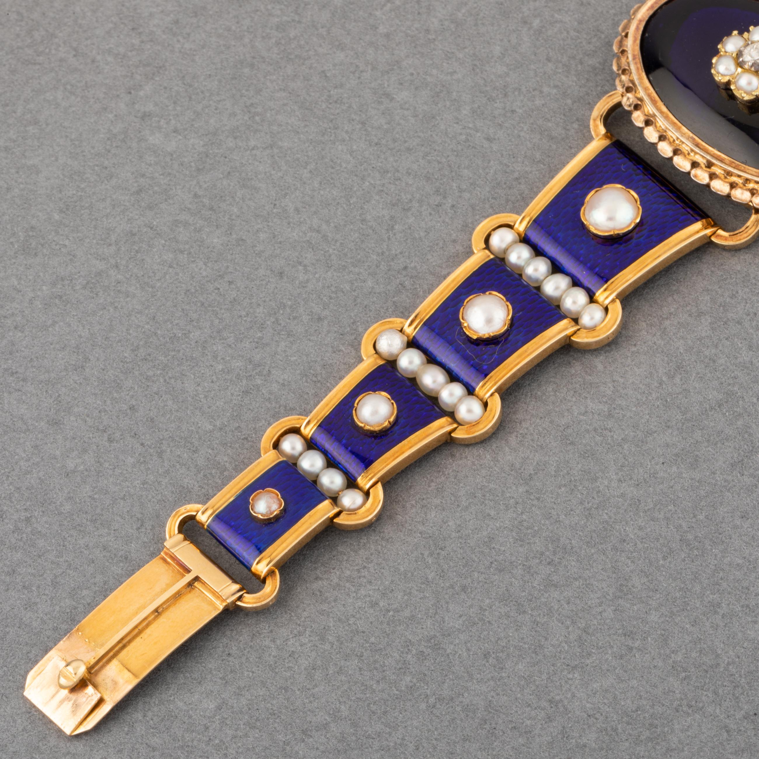 Napoleon III Antique Gold Pearls and Enamel Bracelet For Sale