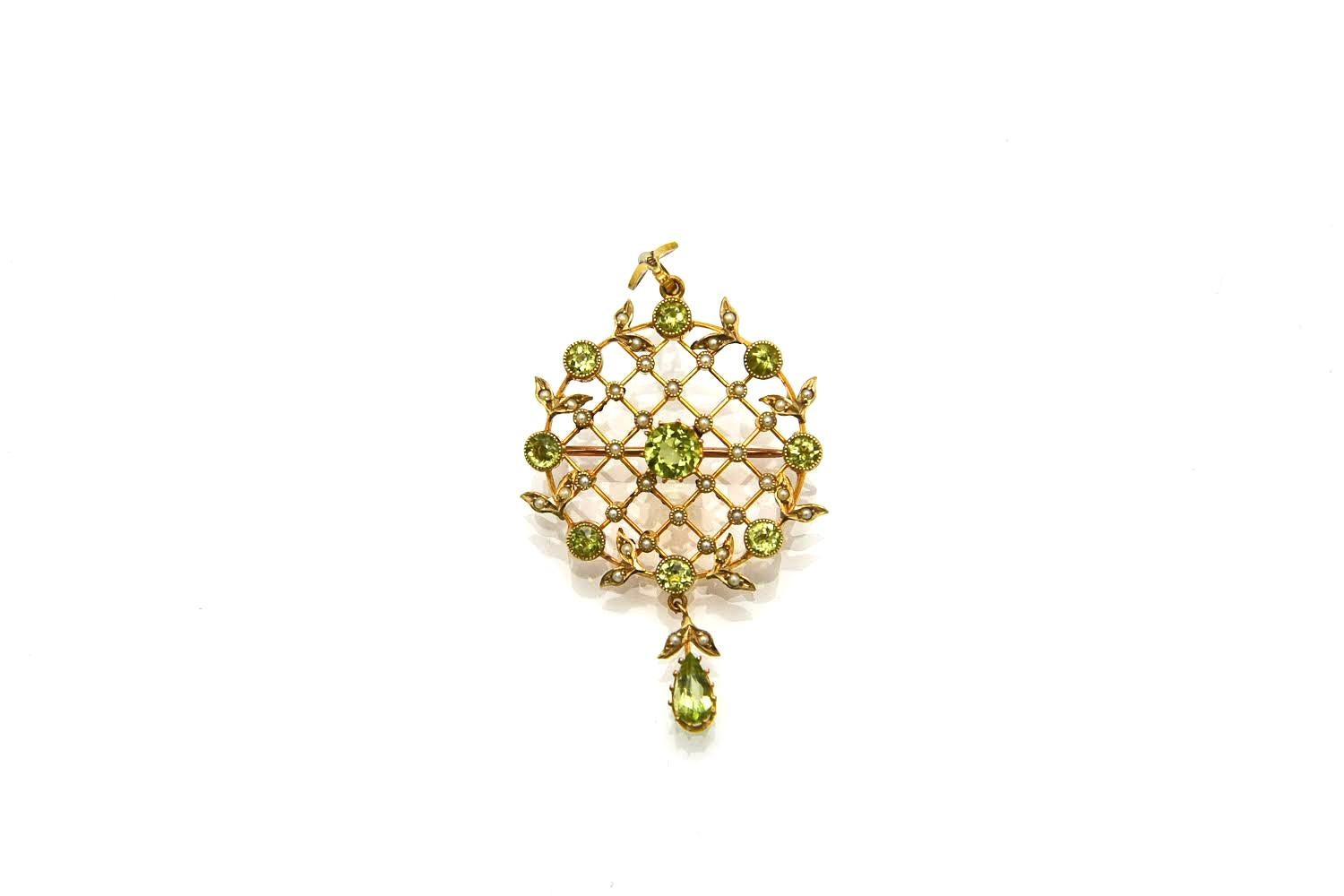 Antique gold pendant/brooch with peridots and pearls, Great Britain, early XXcen 1