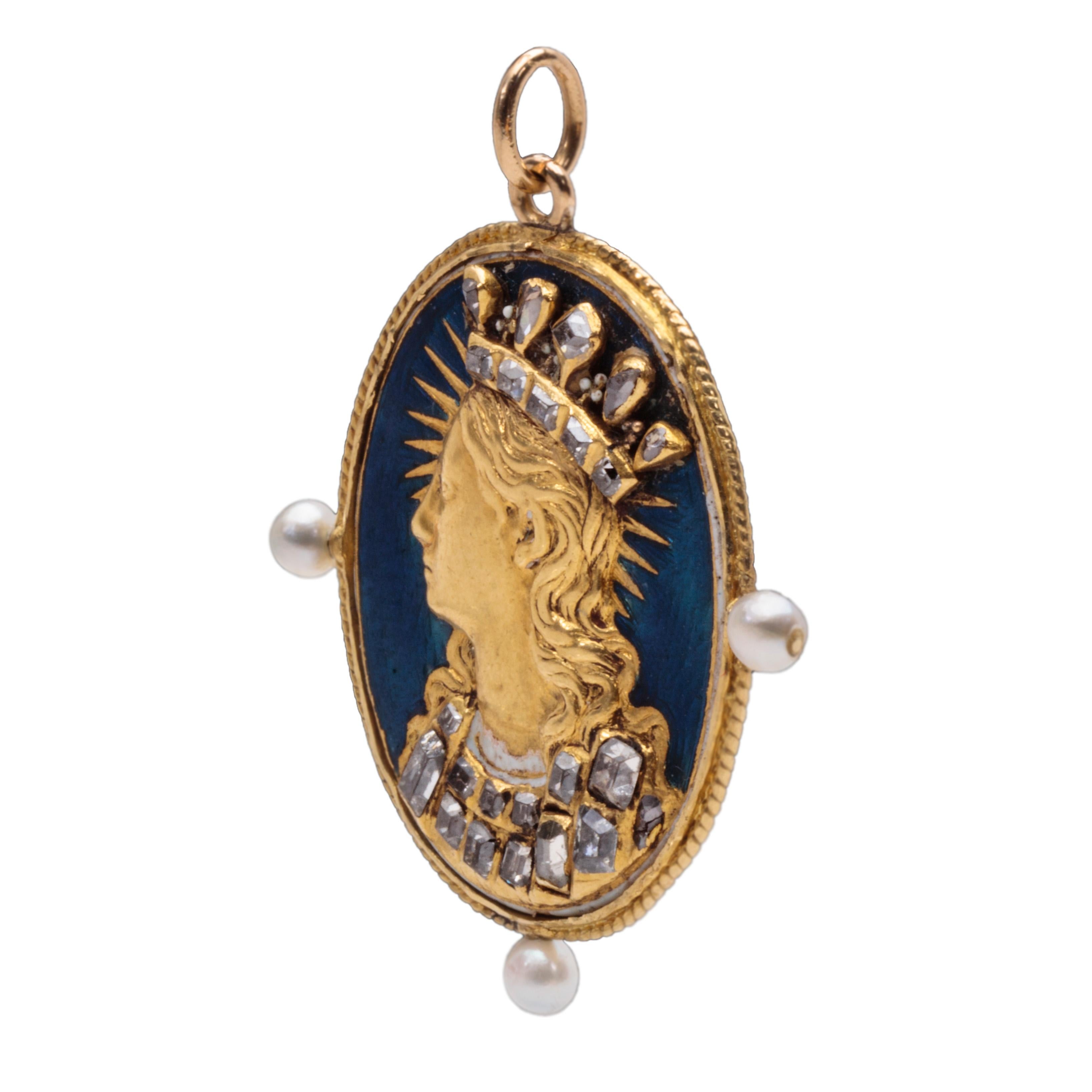 Pendant with Virgin Mary as Queen of Heaven
Western Europe, Southern Germany (?), Italy (?), c. 1550-1560
Gold, enamel, diamonds, and pearls
Weight 13.2 gr; Length 36.9 x 31.2 mm (incl. pearls)

This sumptuous image exudes regal power. It portrays