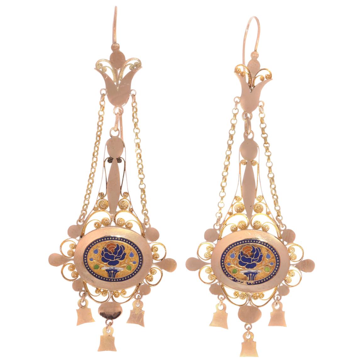 Antique Gold Pendent Earrings with Filigree and Enamel, Early 19th Century