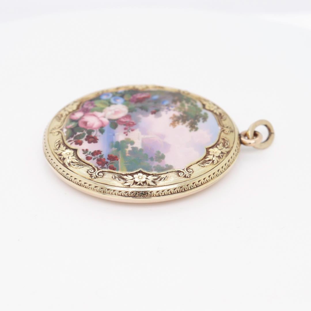Antique Gold & Pictoral Enamel Pendant for a Necklace with a Landscape Scene For Sale 5
