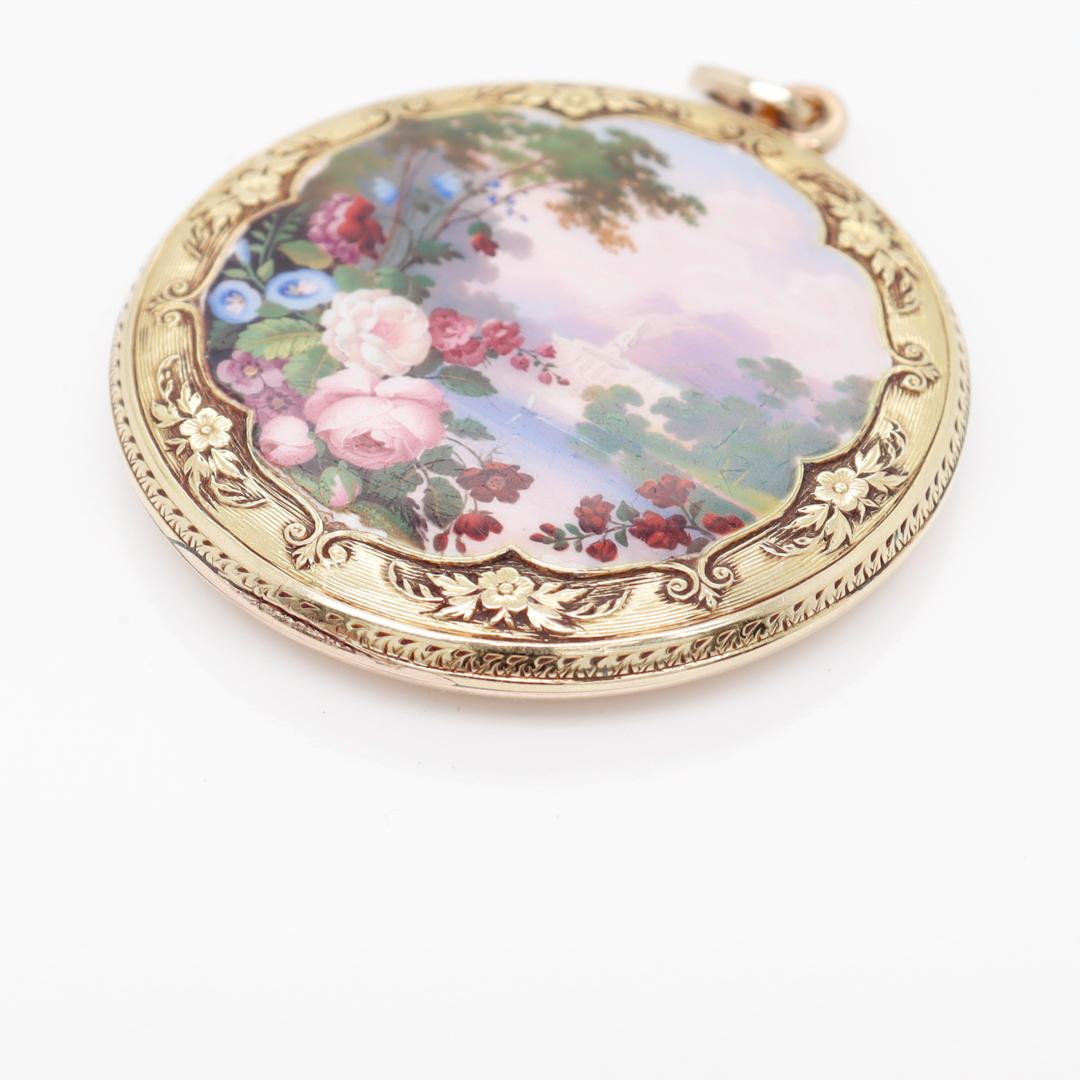 Antique Gold & Pictoral Enamel Pendant for a Necklace with a Landscape Scene For Sale 6
