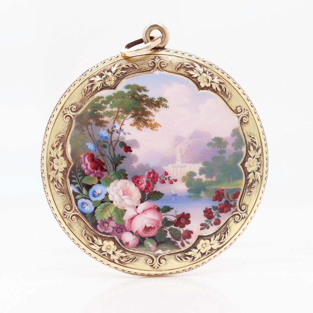 Belle Époque Antique Gold & Pictoral Enamel Pendant for a Necklace with a Landscape Scene For Sale
