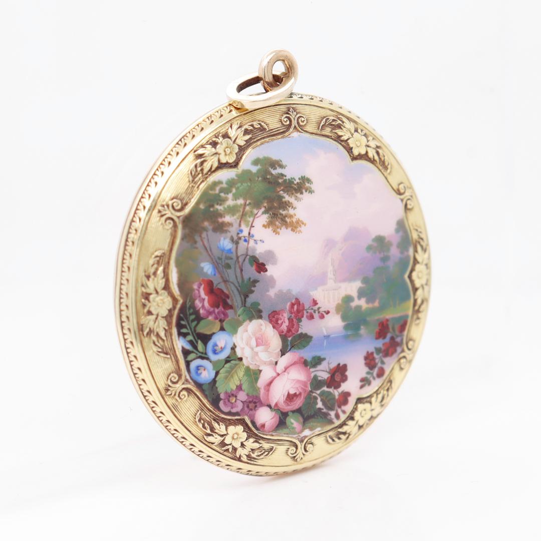 Antique Gold & Pictoral Enamel Pendant for a Necklace with a Landscape Scene In Fair Condition For Sale In Philadelphia, PA