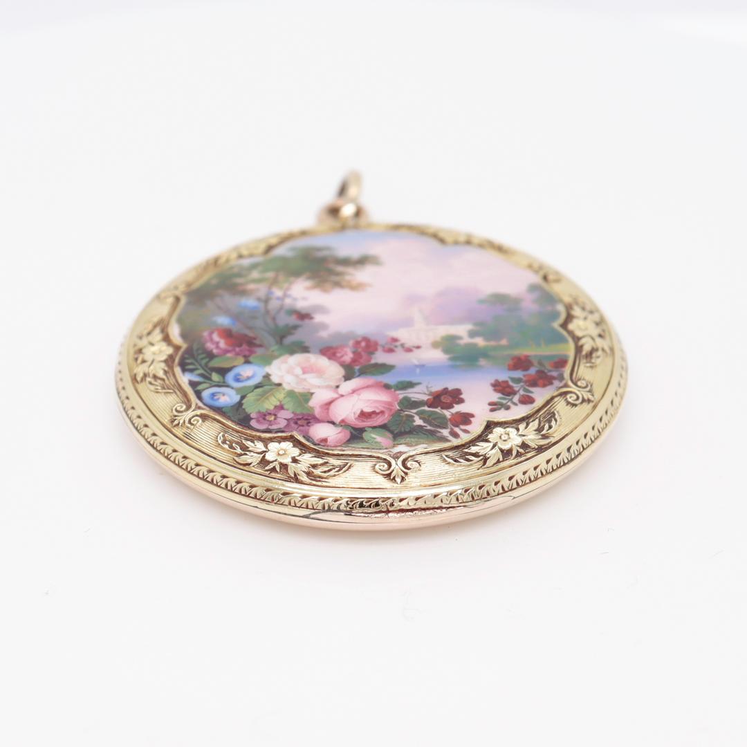 Antique Gold & Pictoral Enamel Pendant for a Necklace with a Landscape Scene For Sale 1