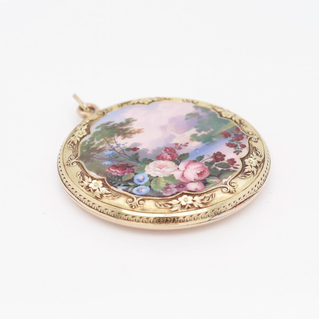 Antique Gold & Pictoral Enamel Pendant for a Necklace with a Landscape Scene For Sale 2