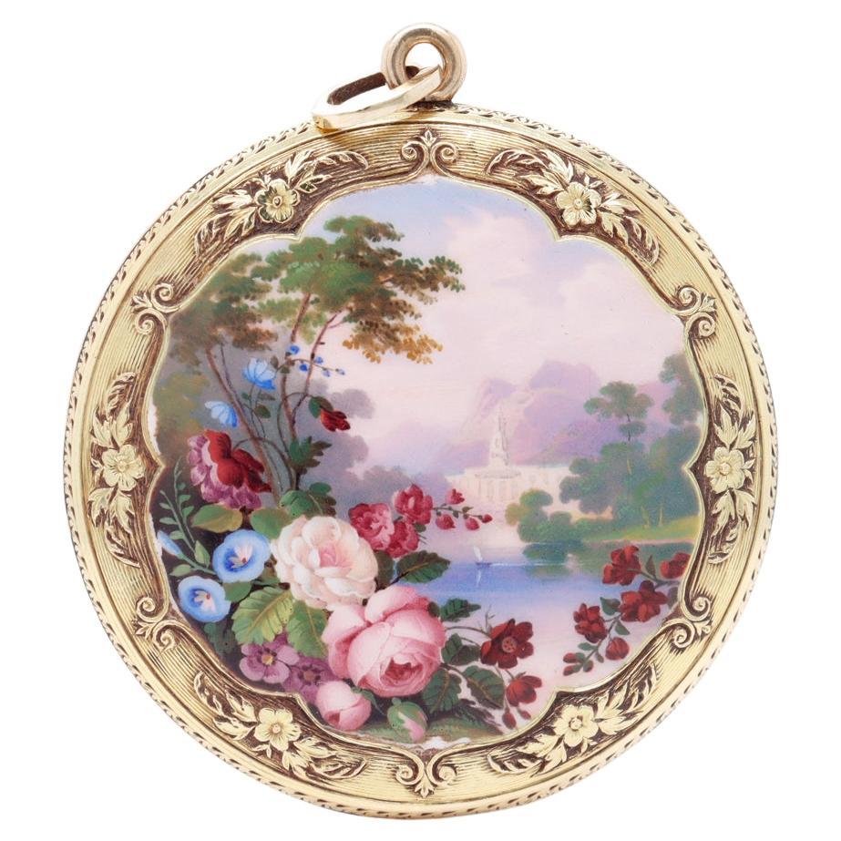 Antique Gold & Pictoral Enamel Pendant for a Necklace with a Landscape Scene For Sale