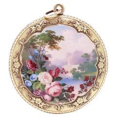 Antique Gold & Pictoral Enamel Pendant for a Necklace with a Landscape Scene
