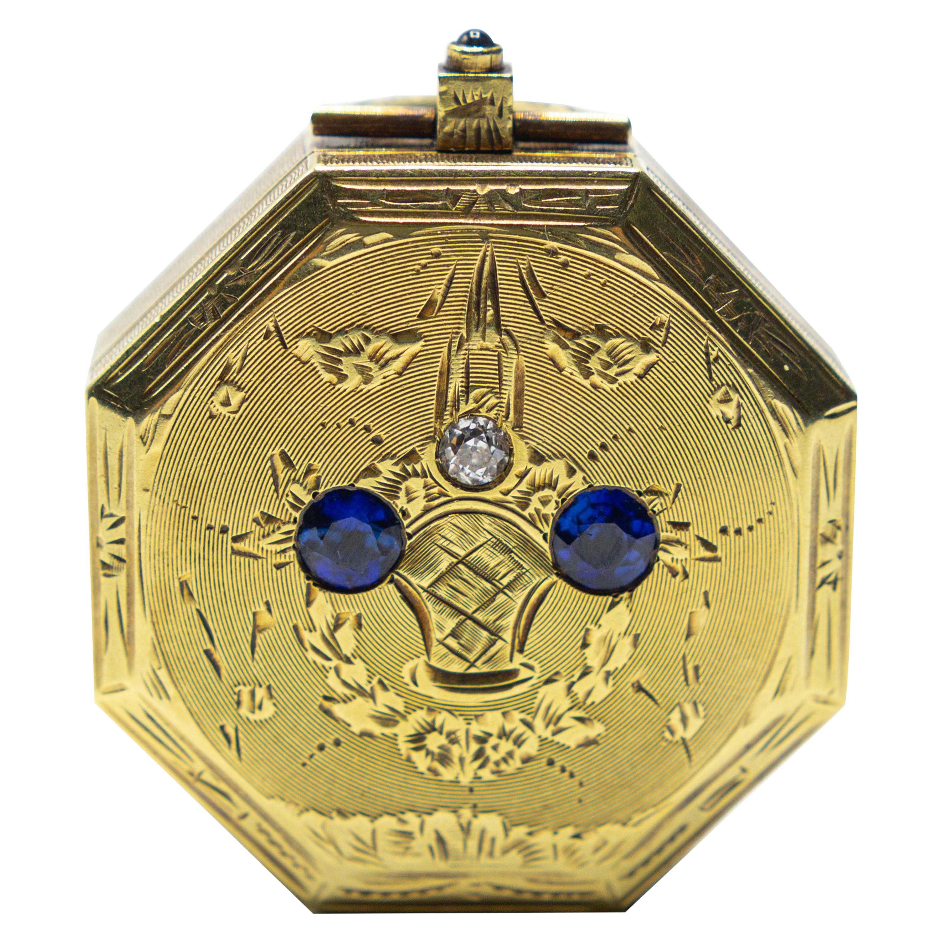 Antique Gold Pill Box/Powder Box Pendent Necklace For Sale