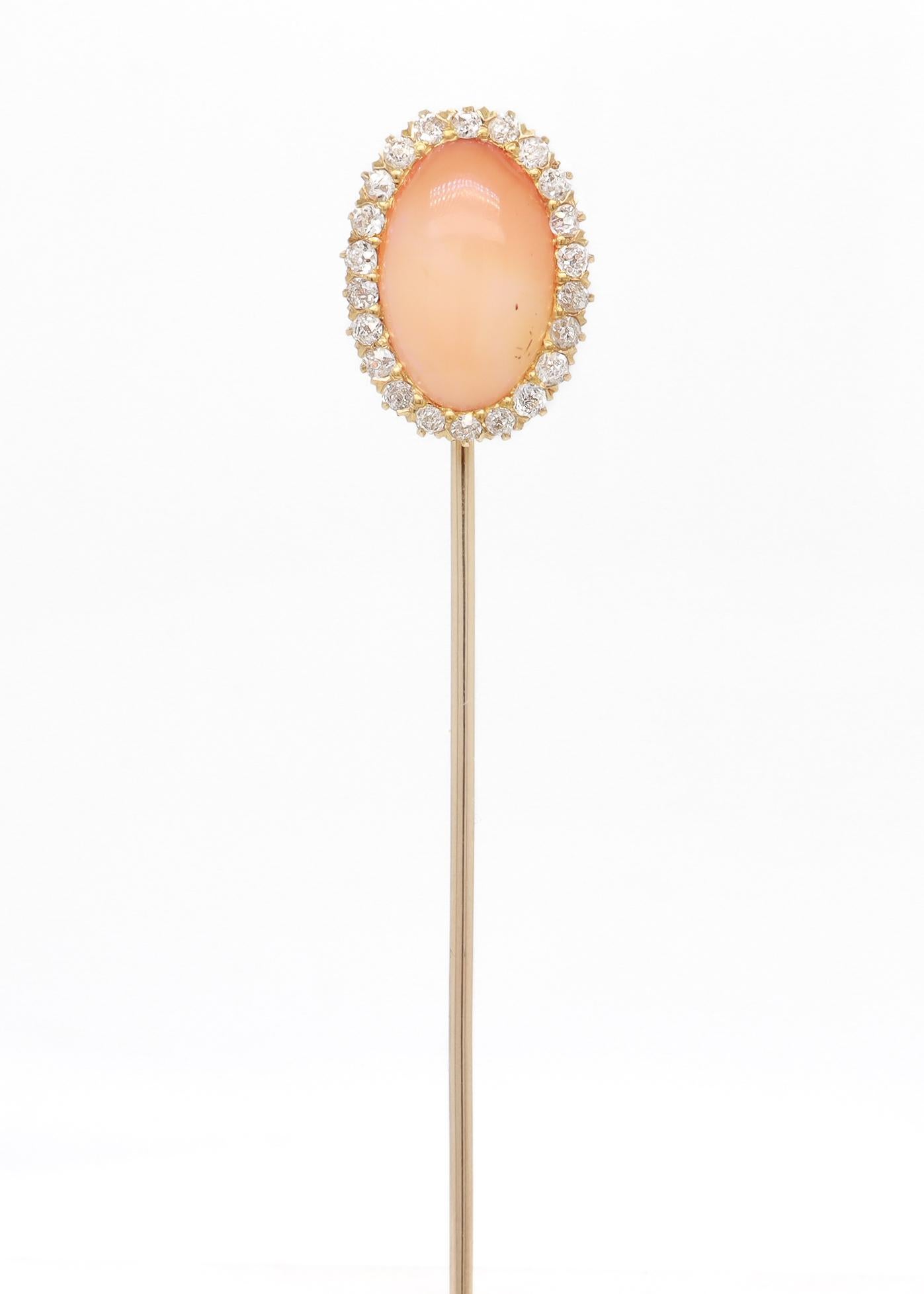 Antique Gold, Pink Opal, & Diamond Stick Pin In Good Condition For Sale In Philadelphia, PA