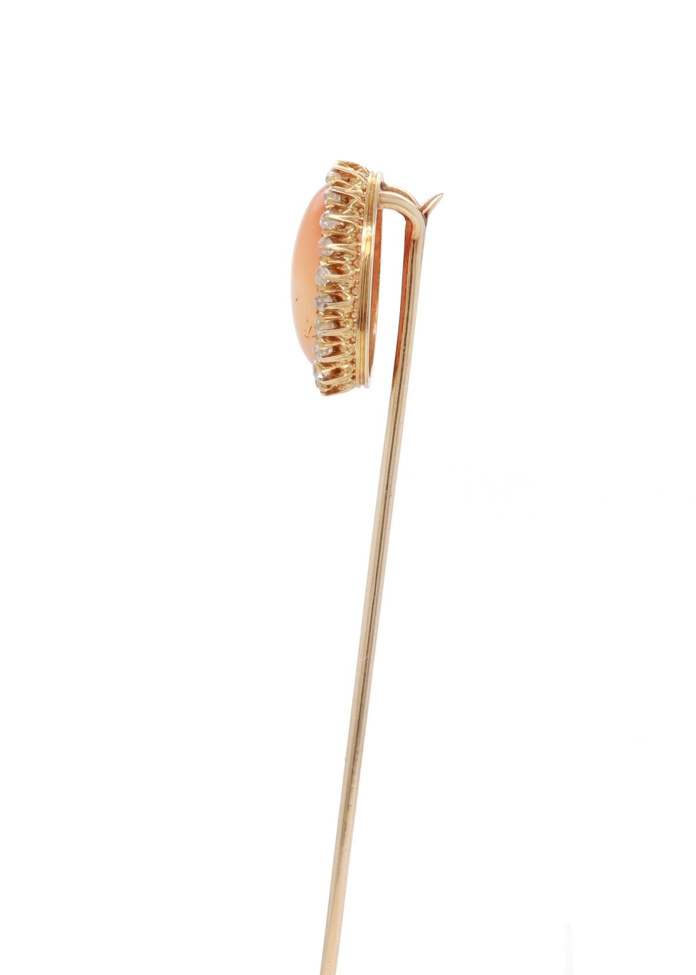 Women's or Men's Antique Gold, Pink Opal, & Diamond Stick Pin For Sale