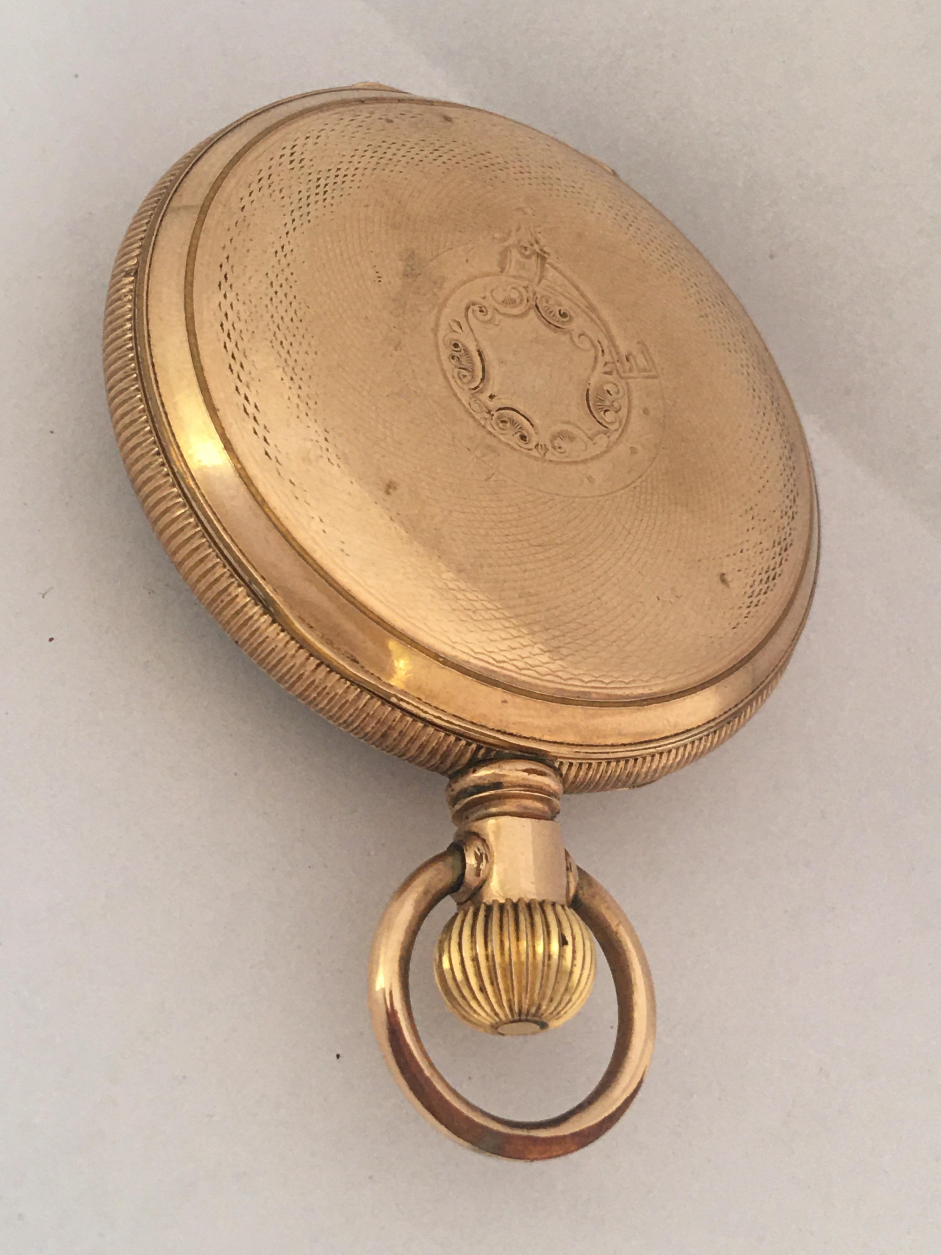 Antique Gold Plate Hand Winding Lever Pocket Watch For Sale 7