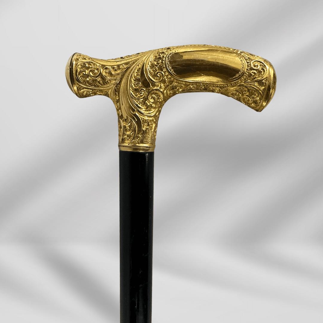 Brown Antique Gold Plate Handle Walking Cane Wooden Walking Stick For Men For Sale