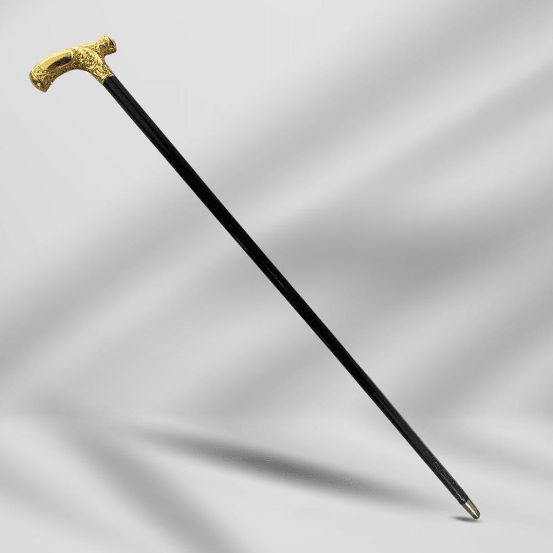 Antique Gold Plate Handle Walking Cane Wooden Walking Stick For Men In Excellent Condition For Sale In Jacksonville, FL