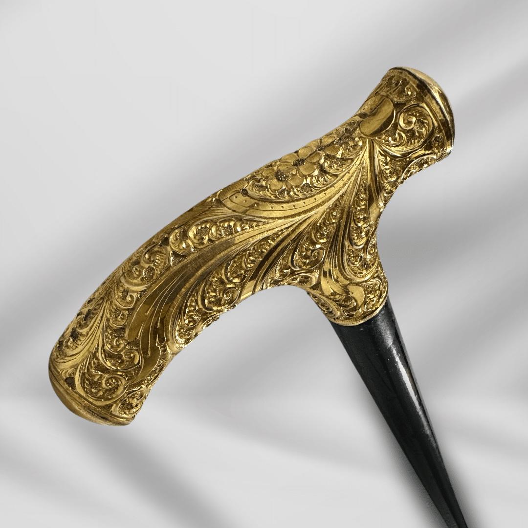 Women's or Men's Antique Gold Plate Handle Walking Cane Wooden Walking Stick For Men For Sale